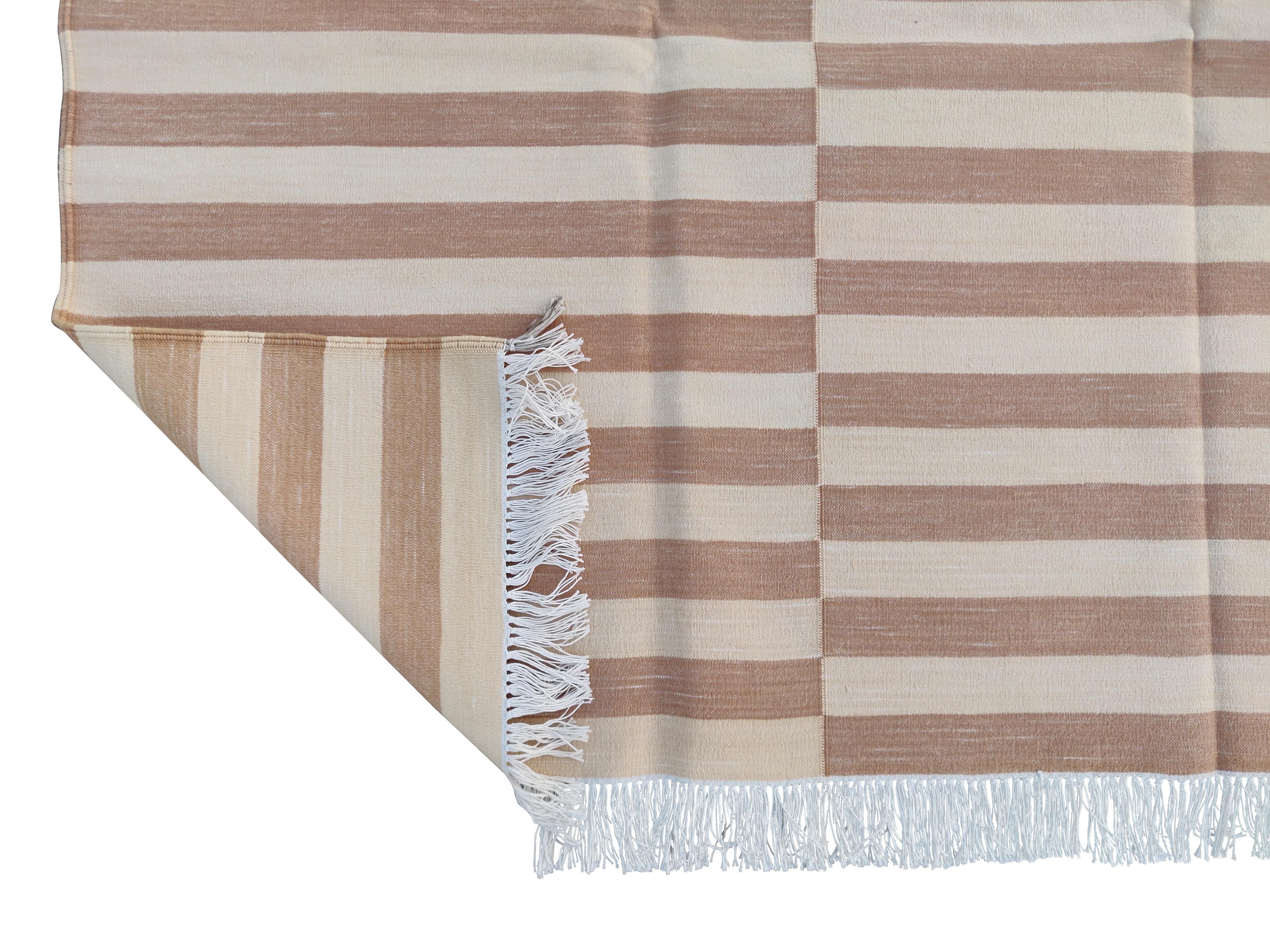 Handmade Cotton Area Flat Weave Rug, 6x9 Tan And Cream Striped Indian Dhurrie For Sale 1