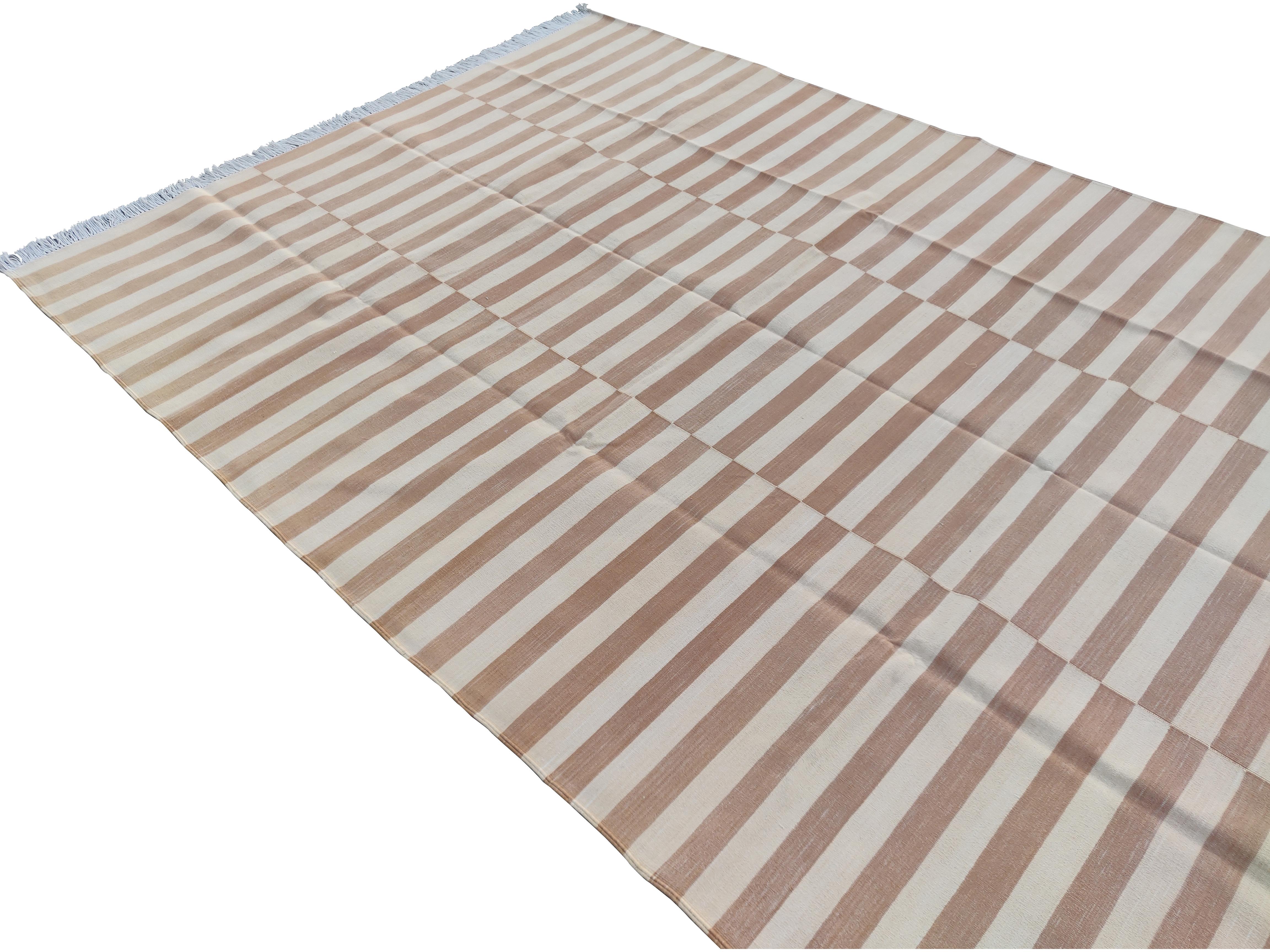 Handmade Cotton Area Flat Weave Rug, 6x9 Tan And Cream Striped Indian Dhurrie For Sale 2
