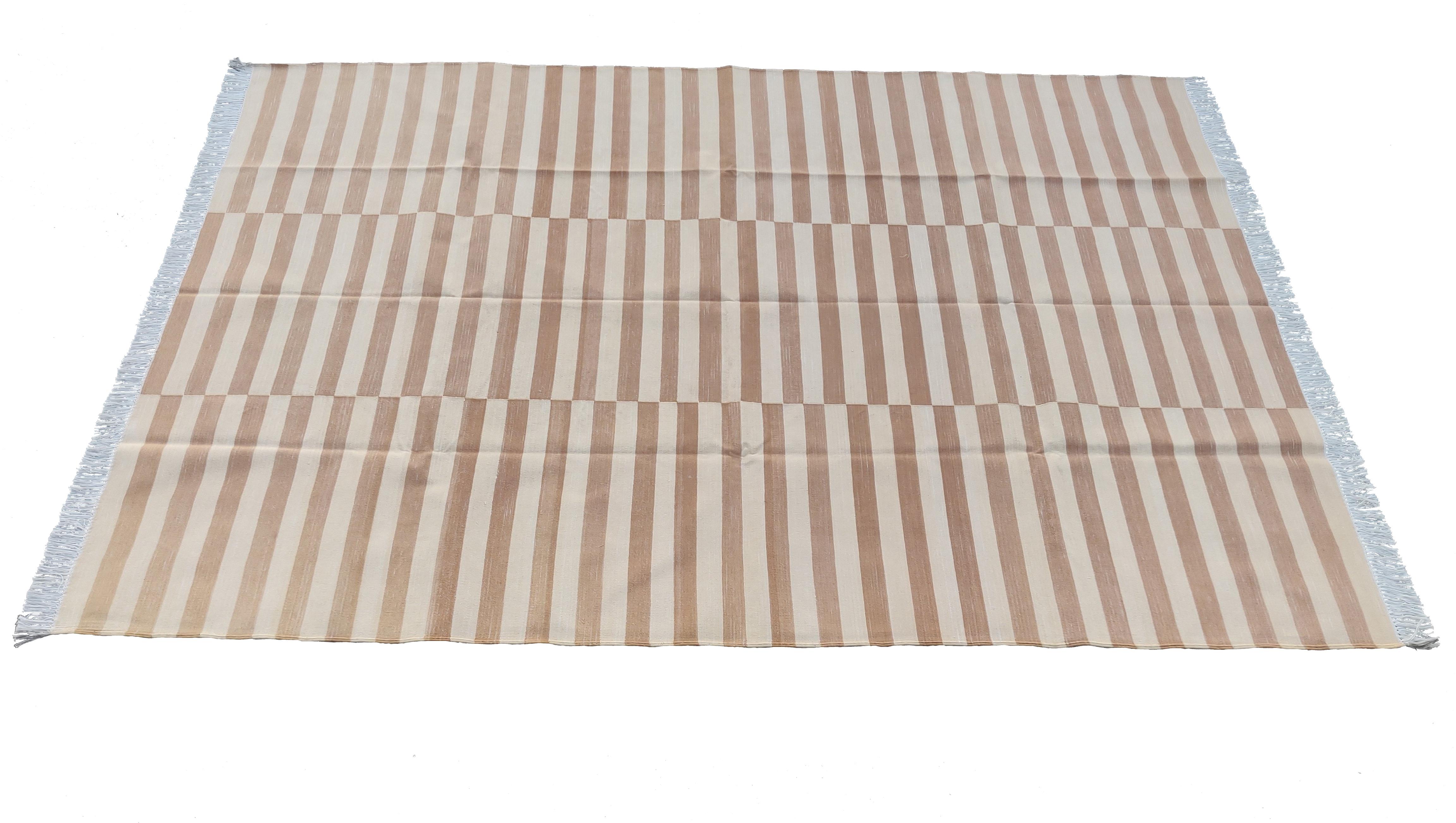 Handmade Cotton Area Flat Weave Rug, 6x9 Tan And Cream Striped Indian Dhurrie For Sale 3