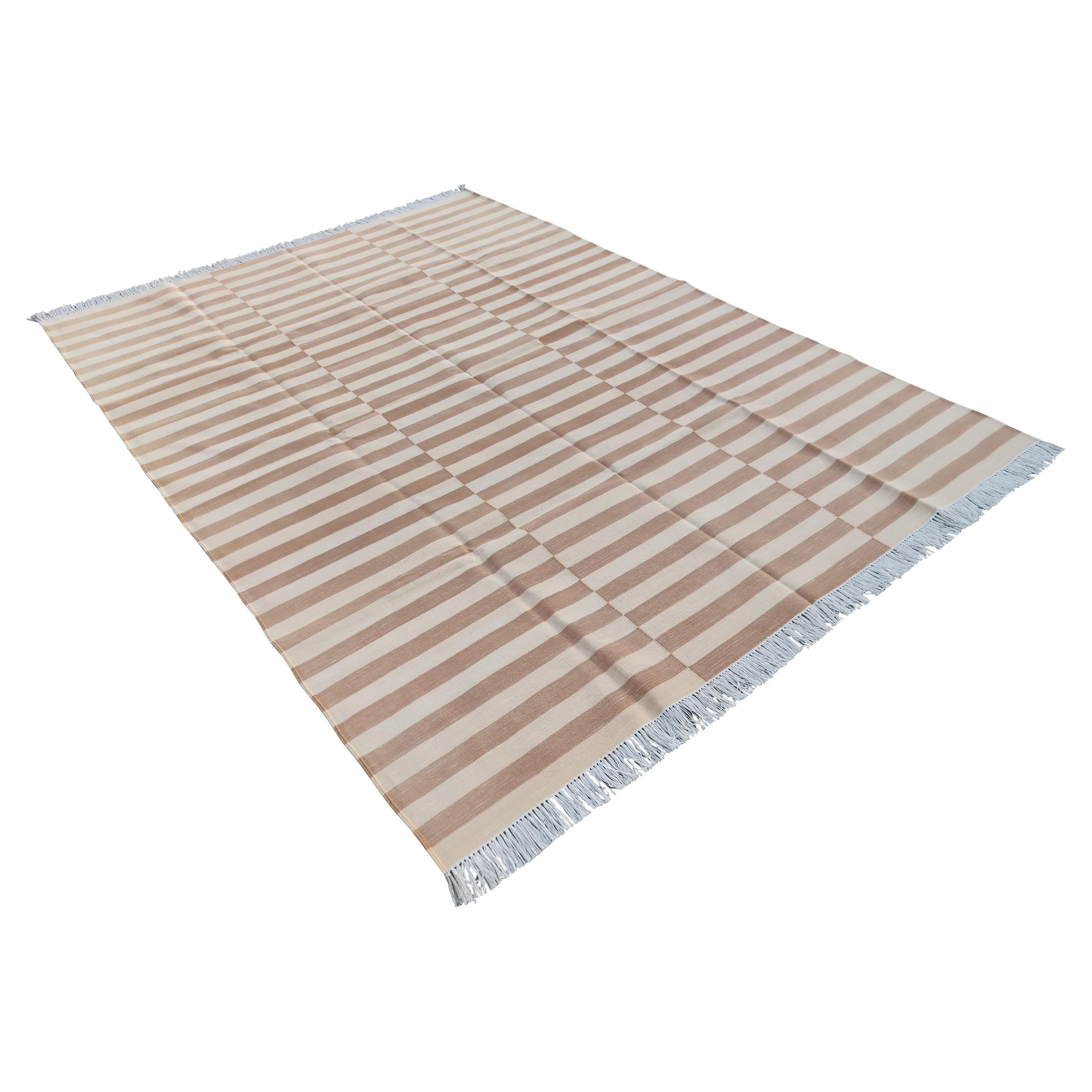 Handmade Cotton Area Flat Weave Rug, 6x9 Tan And Cream Striped Indian Dhurrie For Sale