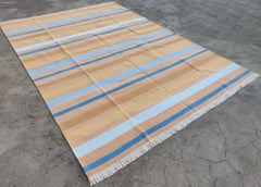 Handmade Cotton Area Flat Weave Rug, 6x9 Tan And White Striped Indian Dhurrie