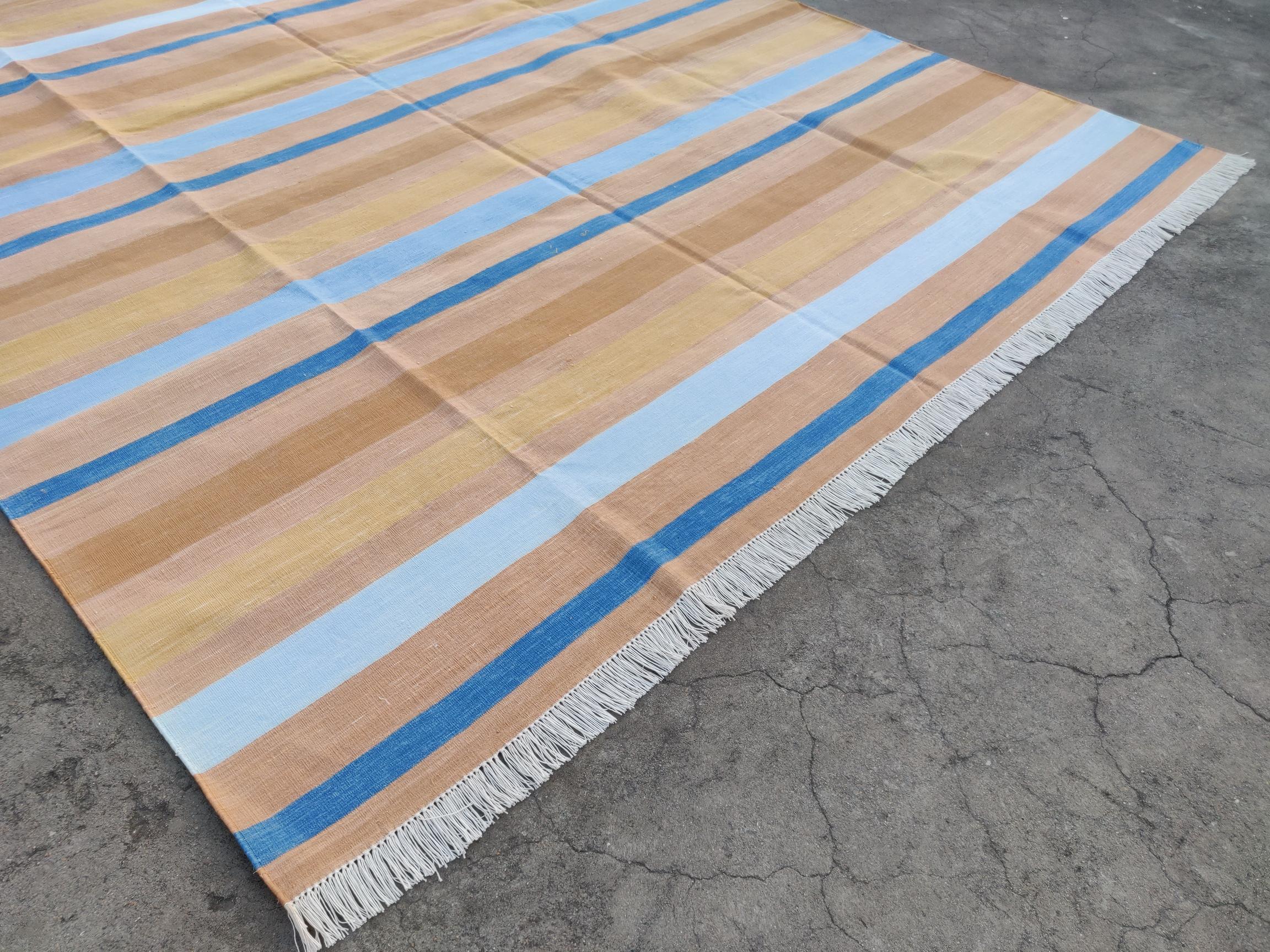 Hand-Woven Handmade Cotton Area Flat Weave Rug, 6x9 Tan And White Striped Indian Dhurrie For Sale