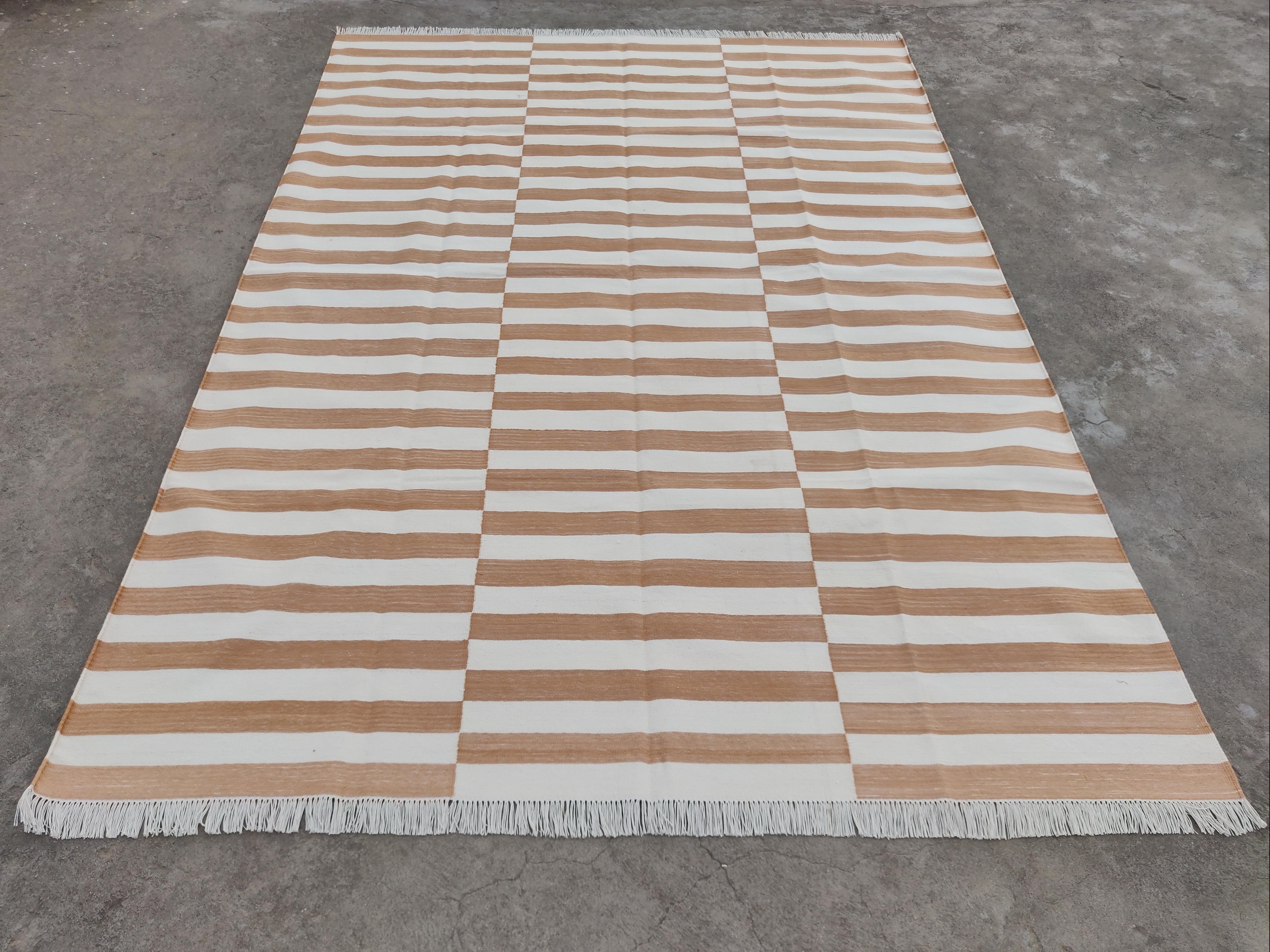 Contemporary Handmade Cotton Area Flat Weave Rug, 6x9 Tan And White Striped Indian Dhurrie For Sale