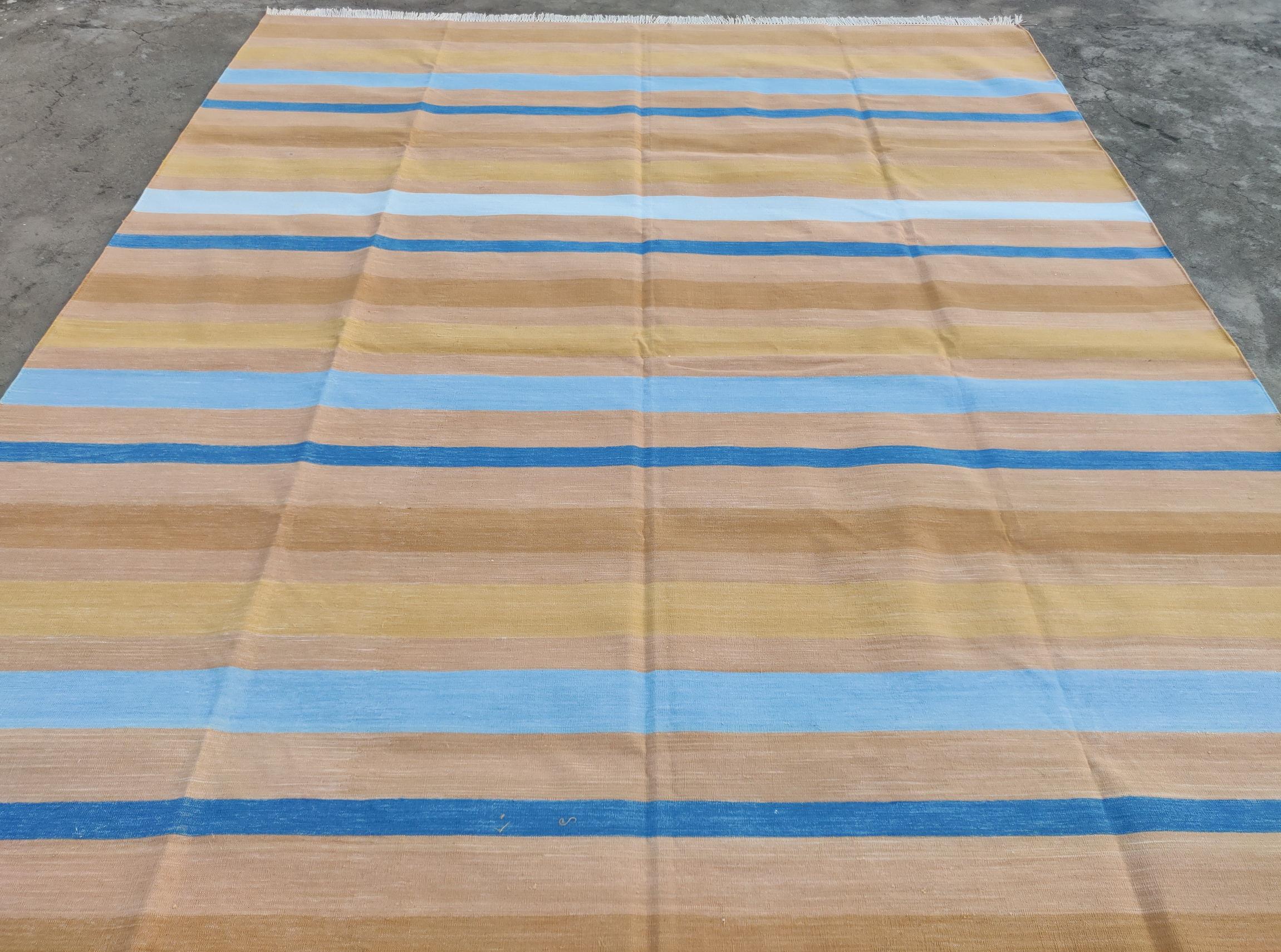 Contemporary Handmade Cotton Area Flat Weave Rug, 6x9 Tan And White Striped Indian Dhurrie For Sale