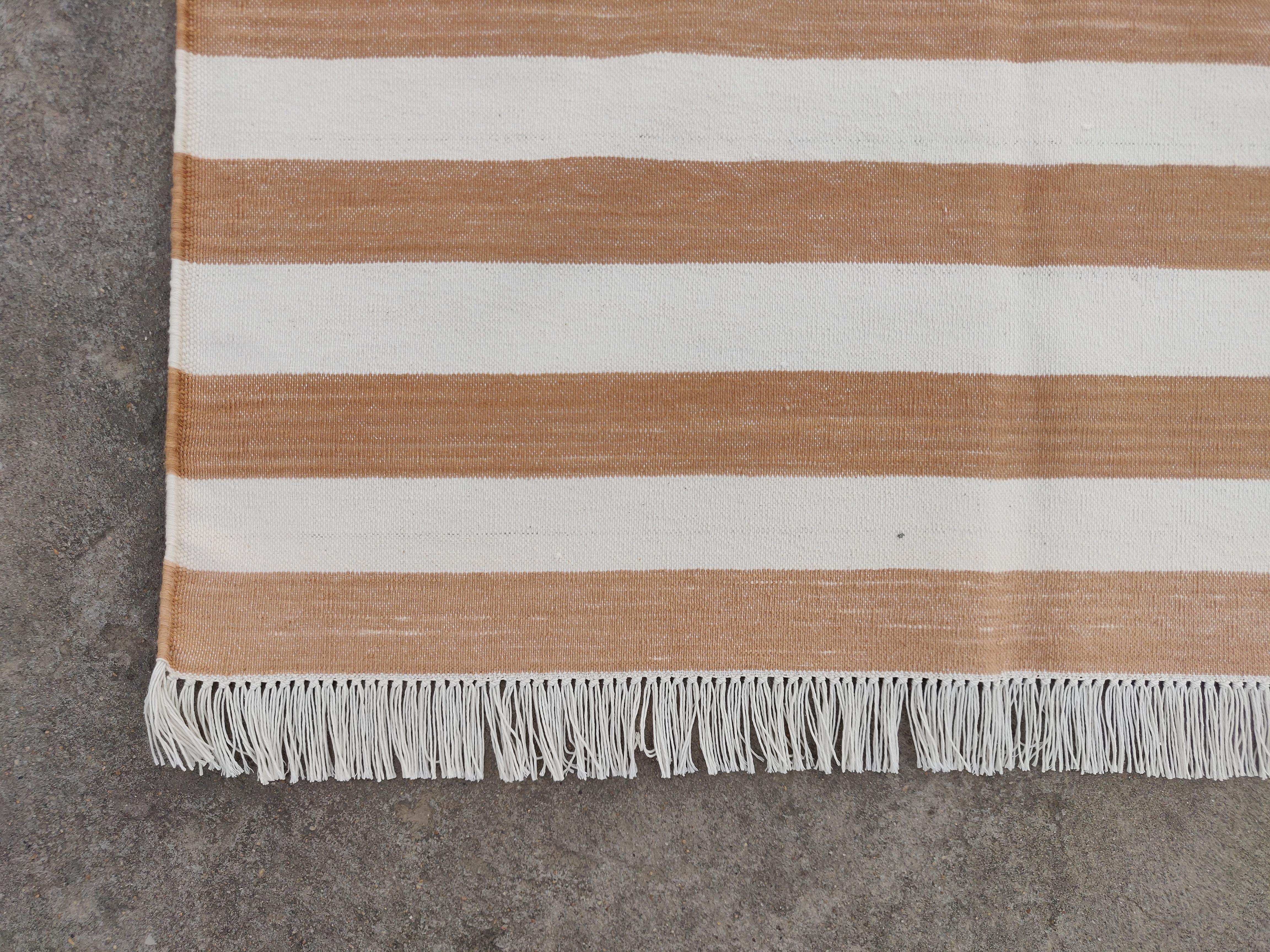 Handmade Cotton Area Flat Weave Rug, 6x9 Tan And White Striped Indian Dhurrie For Sale 1
