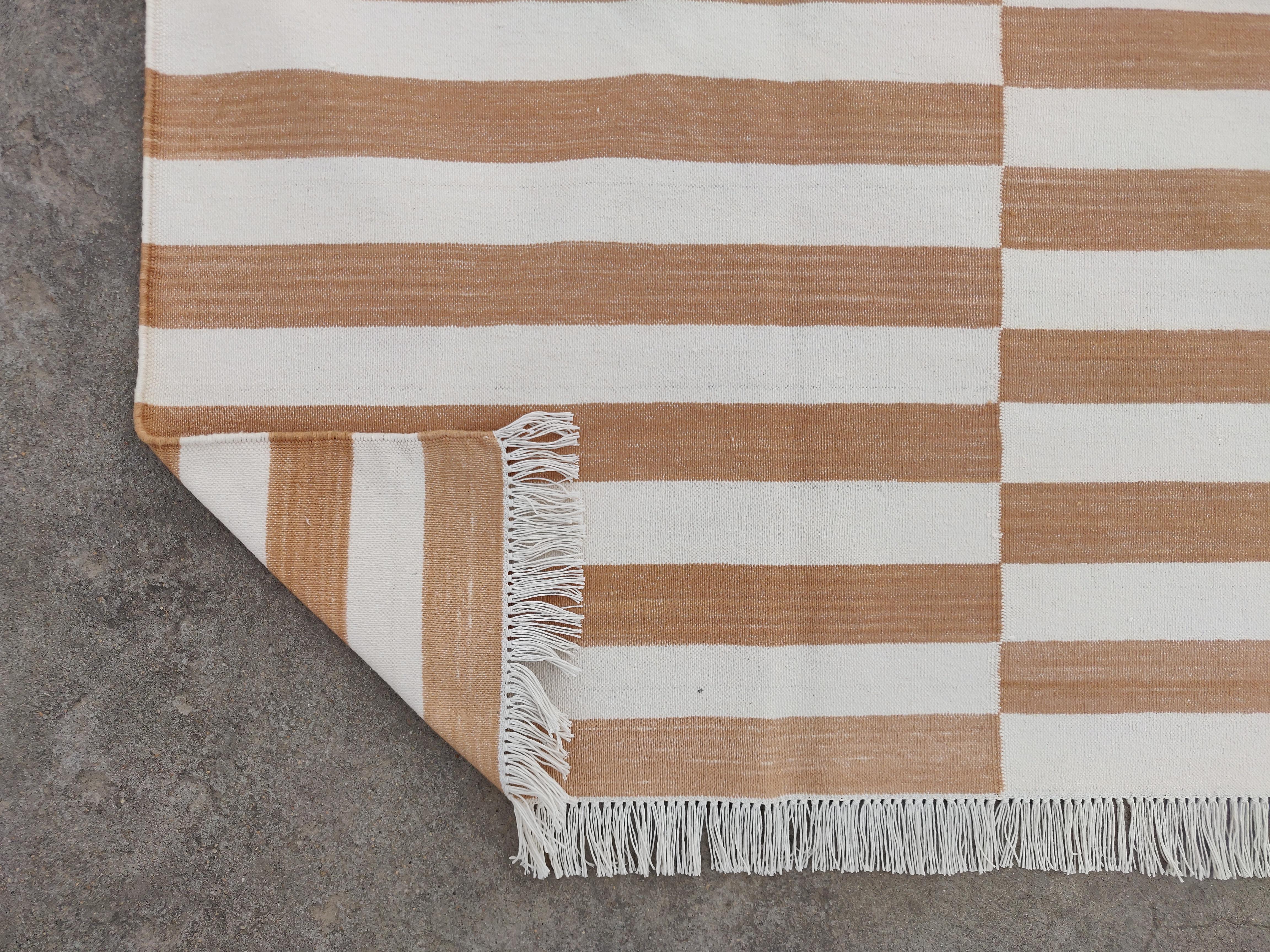 Handmade Cotton Area Flat Weave Rug, 6x9 Tan And White Striped Indian Dhurrie For Sale 2
