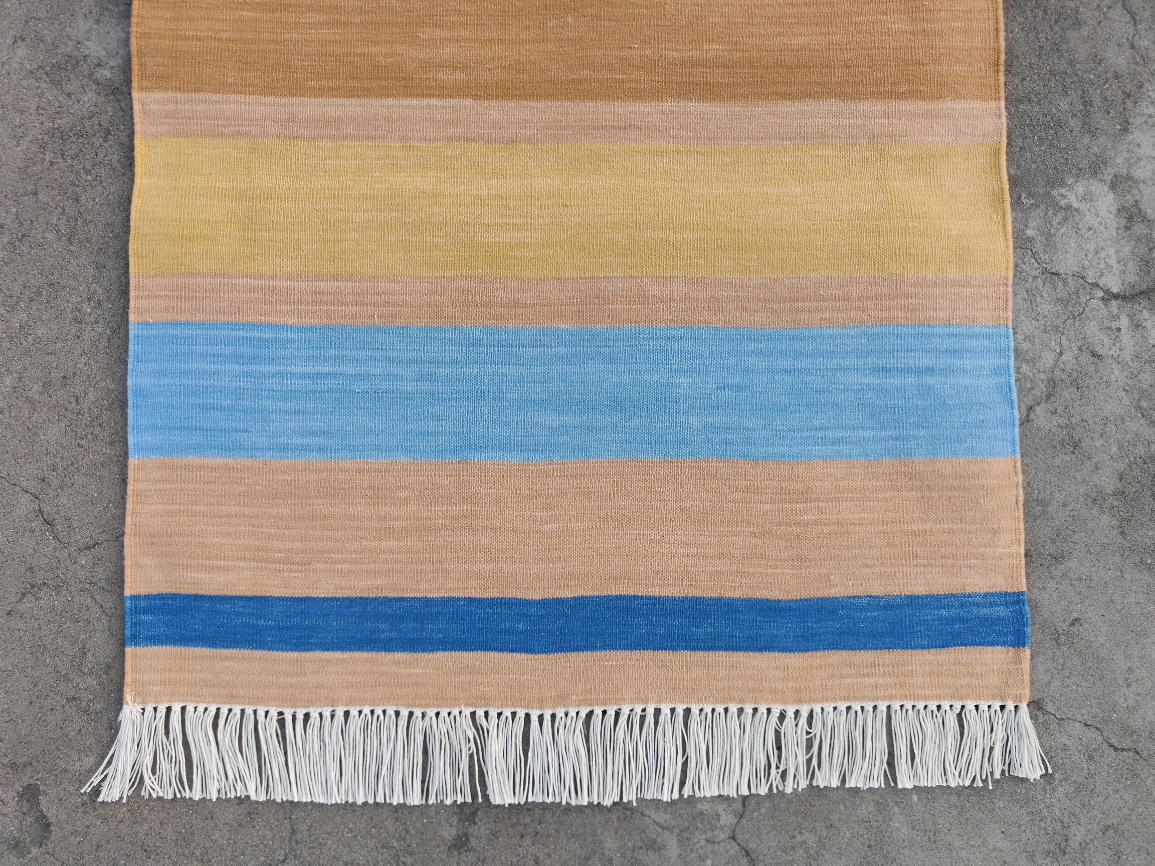 Handmade Cotton Area Flat Weave Rug, 6x9 Tan And White Striped Indian Dhurrie For Sale 3