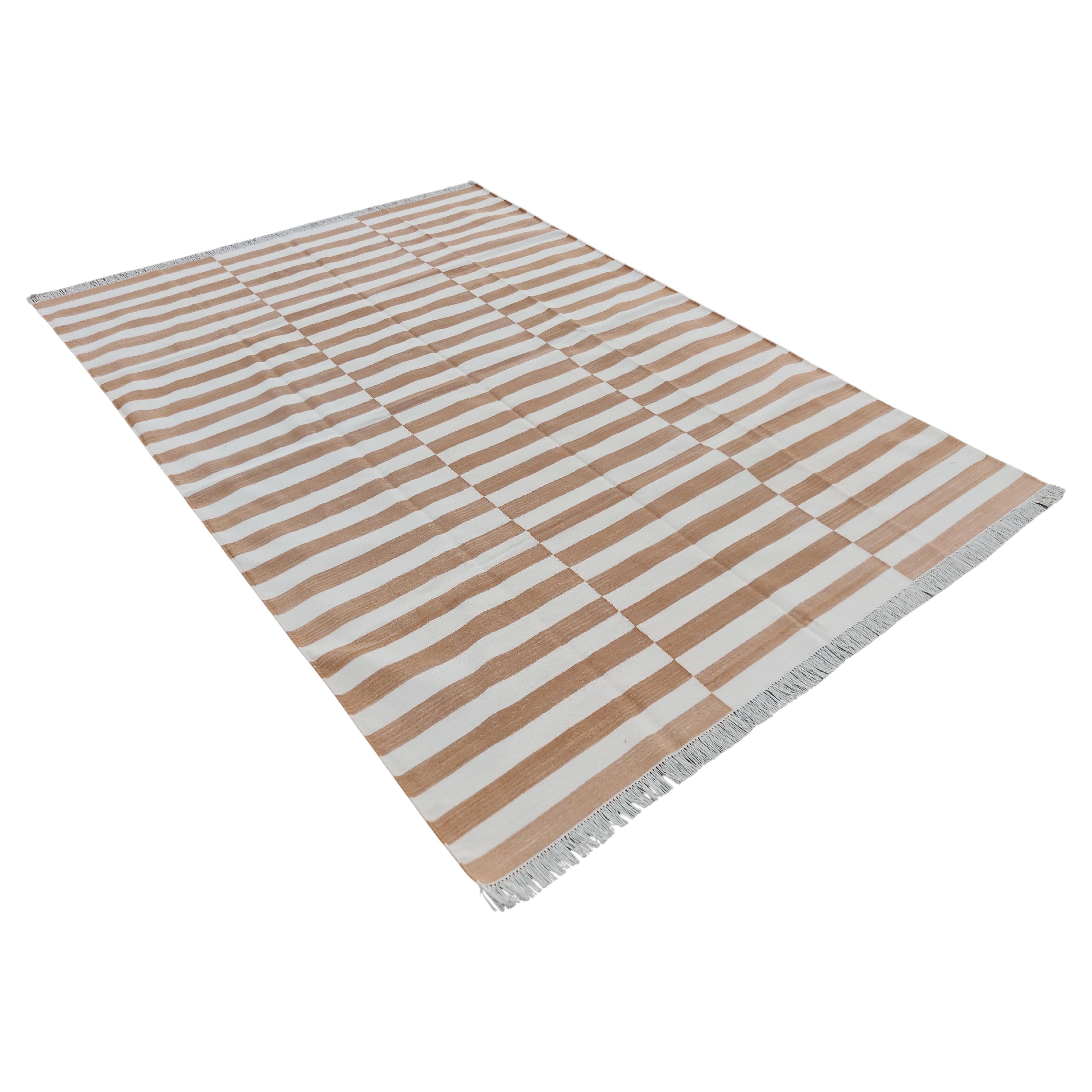 Handmade Cotton Area Flat Weave Rug, 6x9 Tan And White Striped Indian Dhurrie For Sale