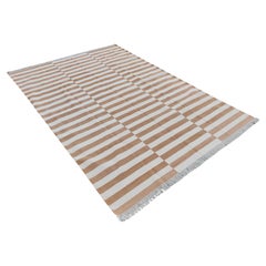 Handmade Cotton Area Flat Weave Rug, 6x9 Tan And White Striped Indian Dhurrie