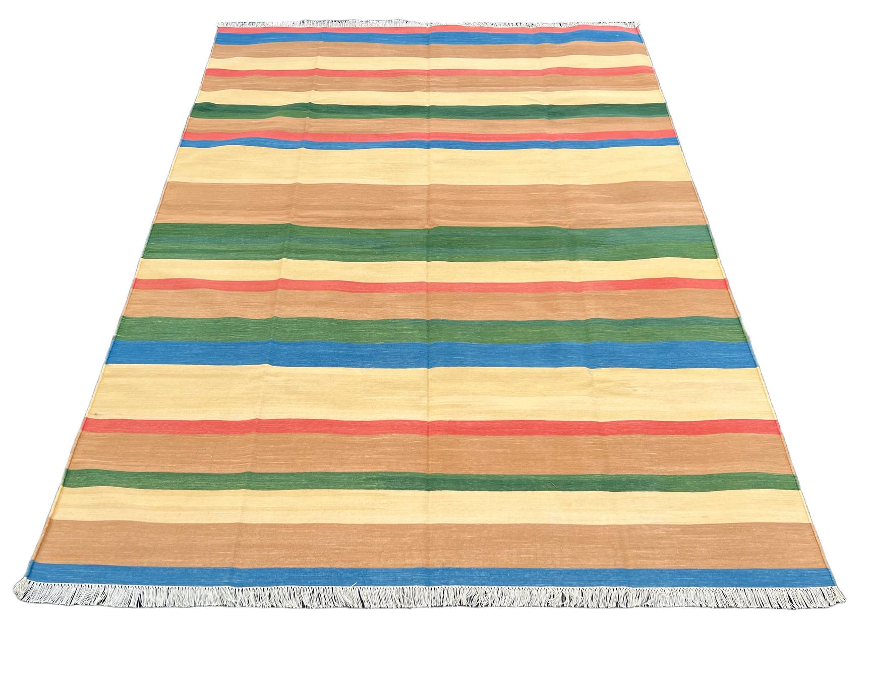Handmade Cotton Area Flat Weave Rug, 6x9 Tan, Blue And Green Striped Dhurrie Rug For Sale 3