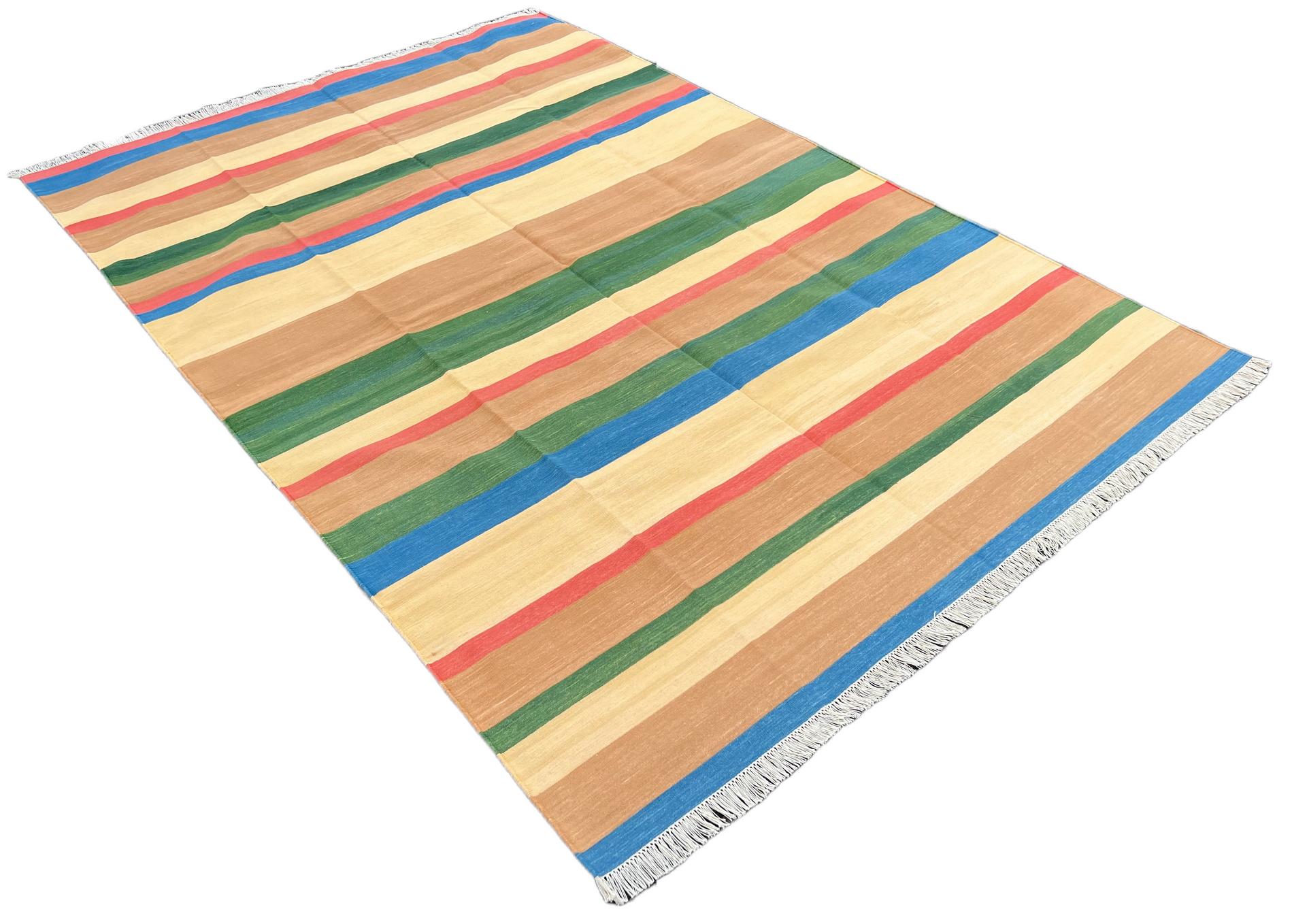 Handmade Cotton Area Flat Weave Rug, 6x9 Tan, Blue And Green Striped Dhurrie Rug For Sale 4