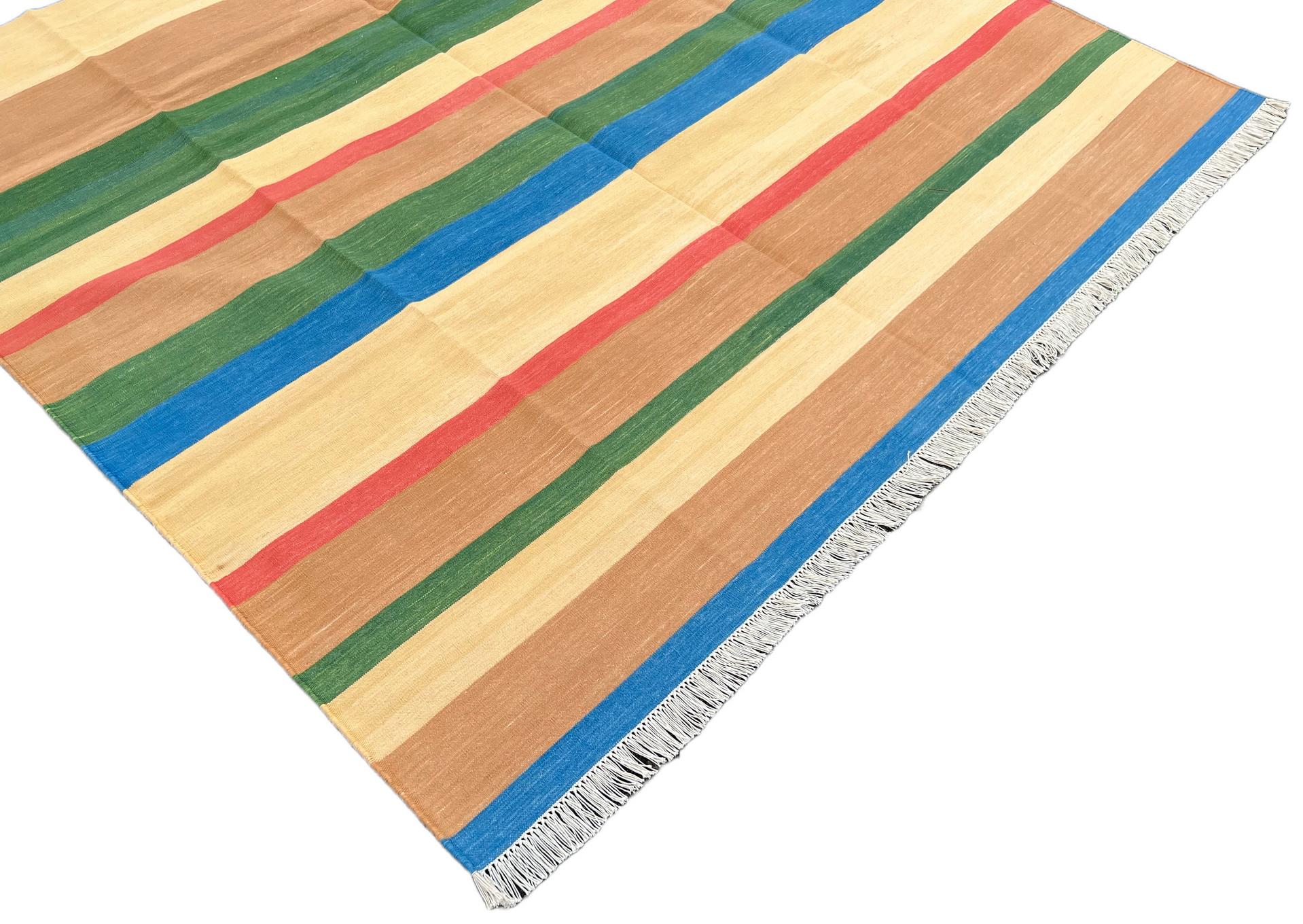 Mid-Century Modern Handmade Cotton Area Flat Weave Rug, 6x9 Tan, Blue And Green Striped Dhurrie Rug For Sale