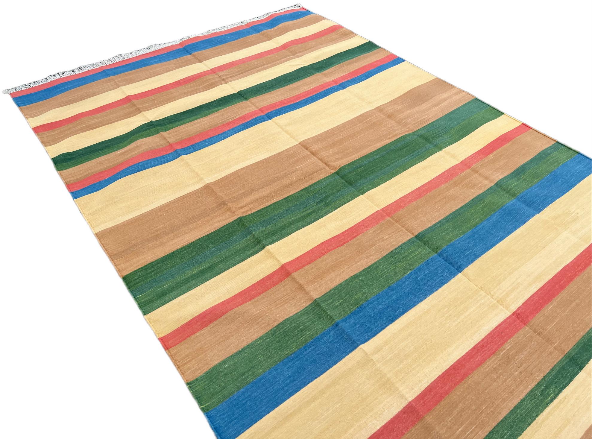 Indian Handmade Cotton Area Flat Weave Rug, 6x9 Tan, Blue And Green Striped Dhurrie Rug For Sale