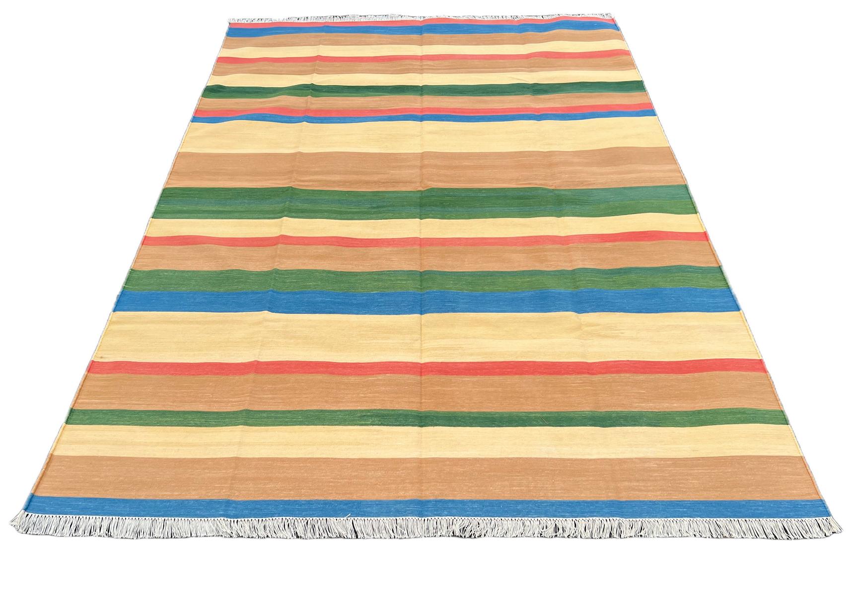 Hand-Woven Handmade Cotton Area Flat Weave Rug, 6x9 Tan, Blue And Green Striped Dhurrie Rug For Sale