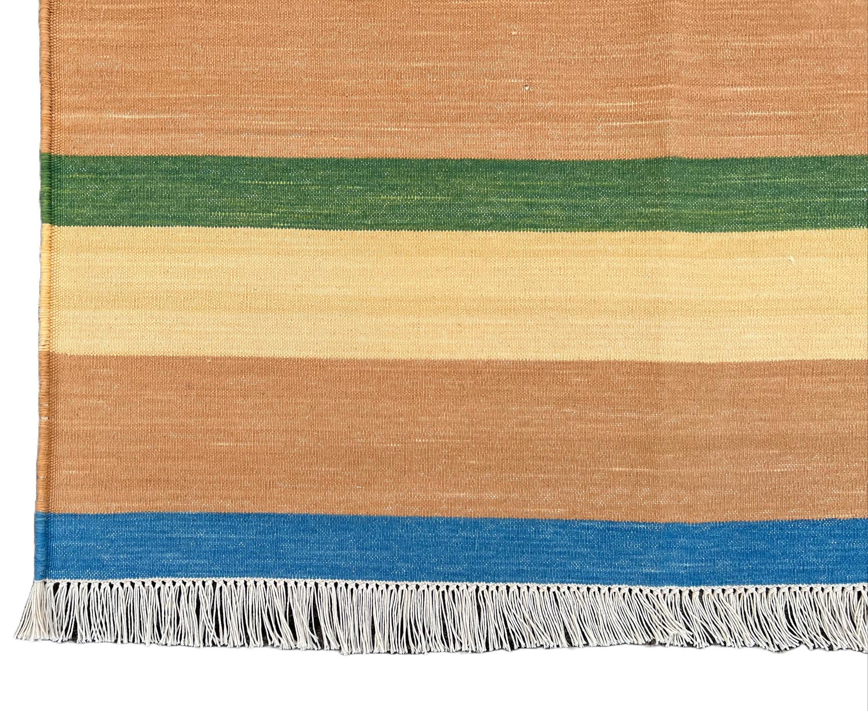 Handmade Cotton Area Flat Weave Rug, 6x9 Tan, Blue And Green Striped Dhurrie Rug In New Condition For Sale In Jaipur, IN