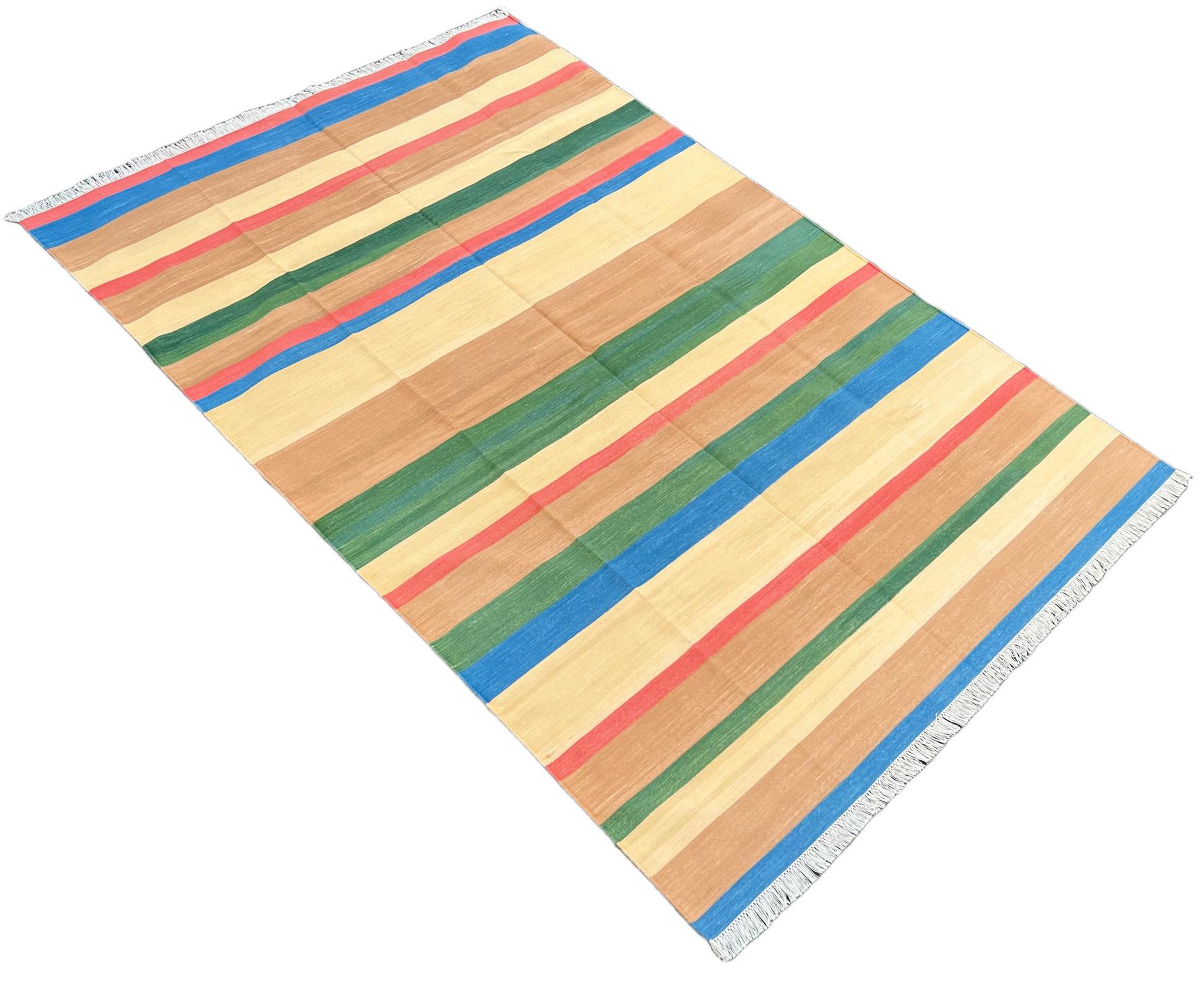 Handmade Cotton Area Flat Weave Rug, 6x9 Tan, Blue And Green Striped Dhurrie Rug For Sale 1