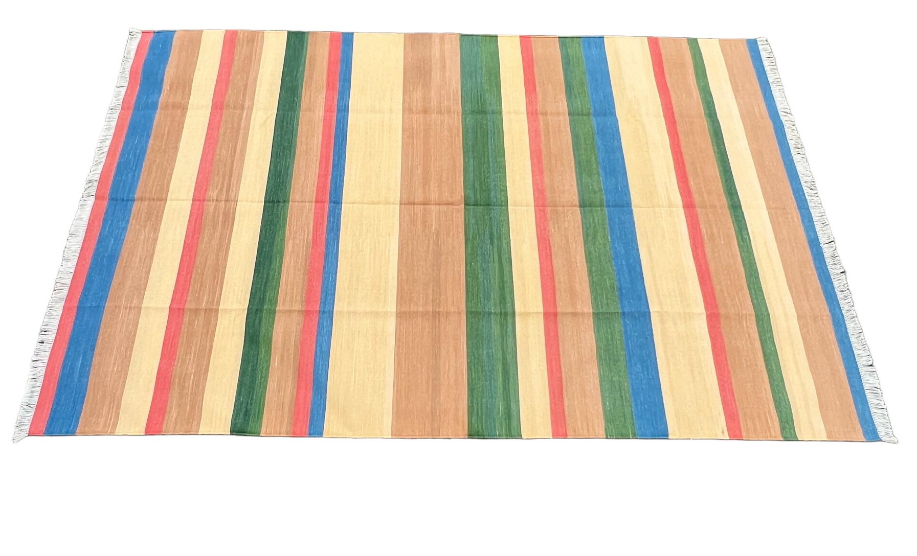 Handmade Cotton Area Flat Weave Rug, 6x9 Tan, Blue And Green Striped Dhurrie Rug For Sale 2