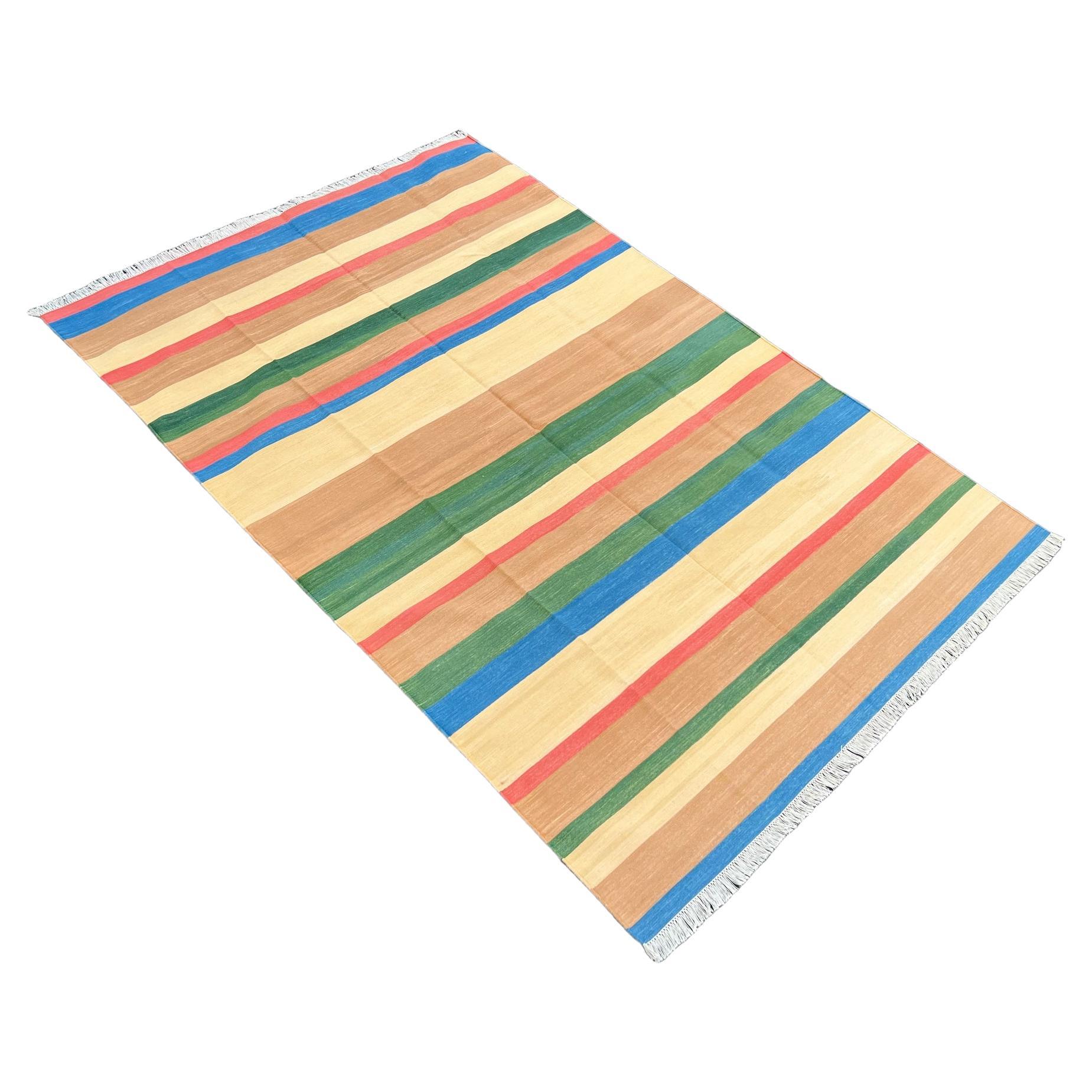 Handmade Cotton Area Flat Weave Rug, 6x9 Tan, Blue And Green Striped Dhurrie Rug For Sale