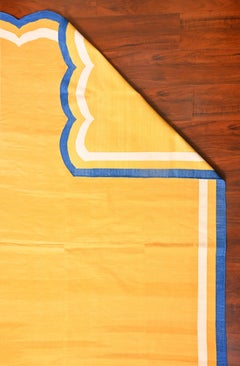 Handmade Cotton Area Flat Weave Rug, 6x9 Yellow And Blue Scalloped Kilim Dhurrie