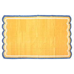 Handgefertigter Flachgewebe-Teppich aus Baumwolle, 6x9 Gelb und Blau mit Wellenschliff Kilim Dhurrie