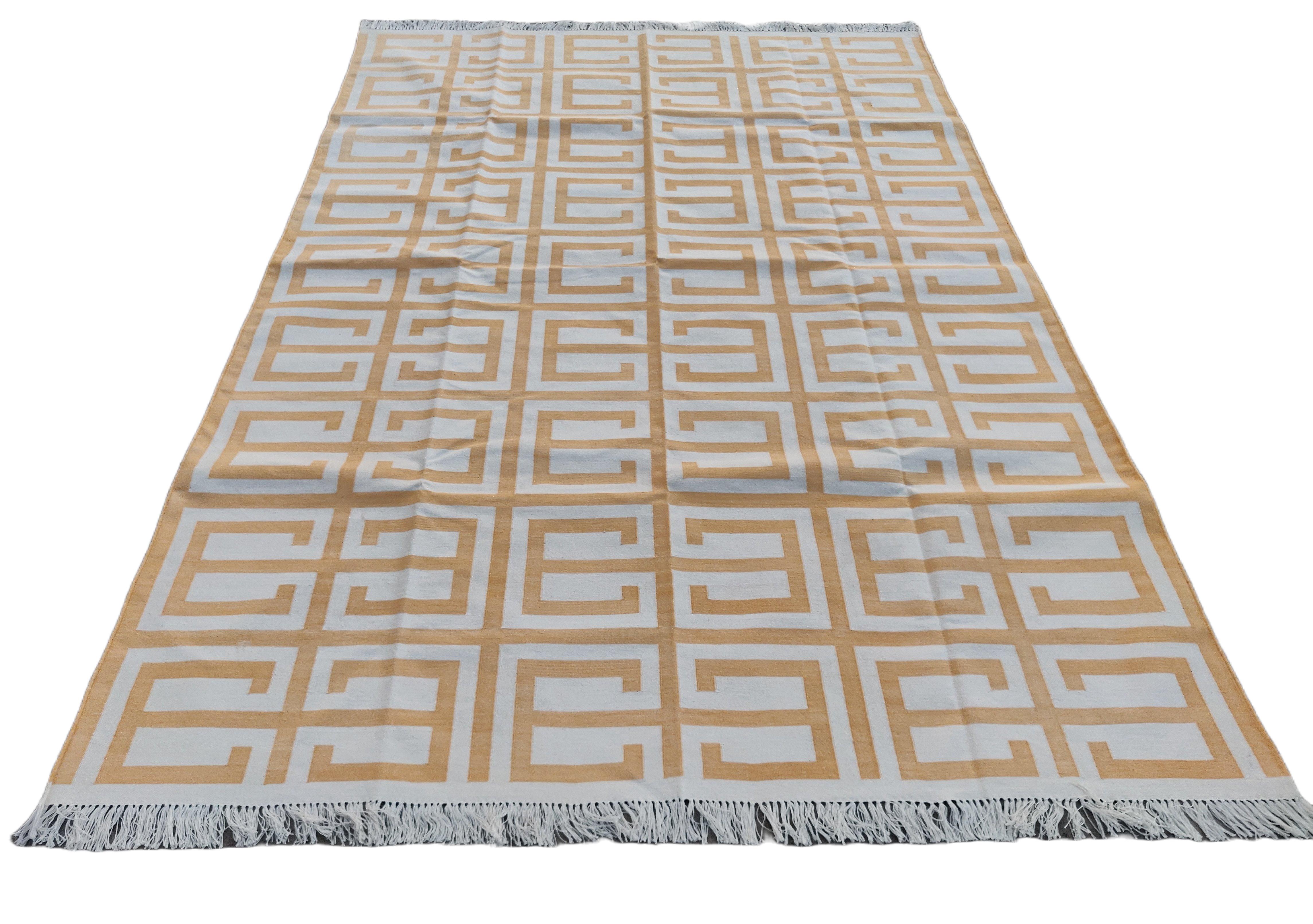 Mid-Century Modern Handmade Cotton Area Flat Weave Rug, 6x9 Yellow, White Geometric Indian Dhurrie For Sale