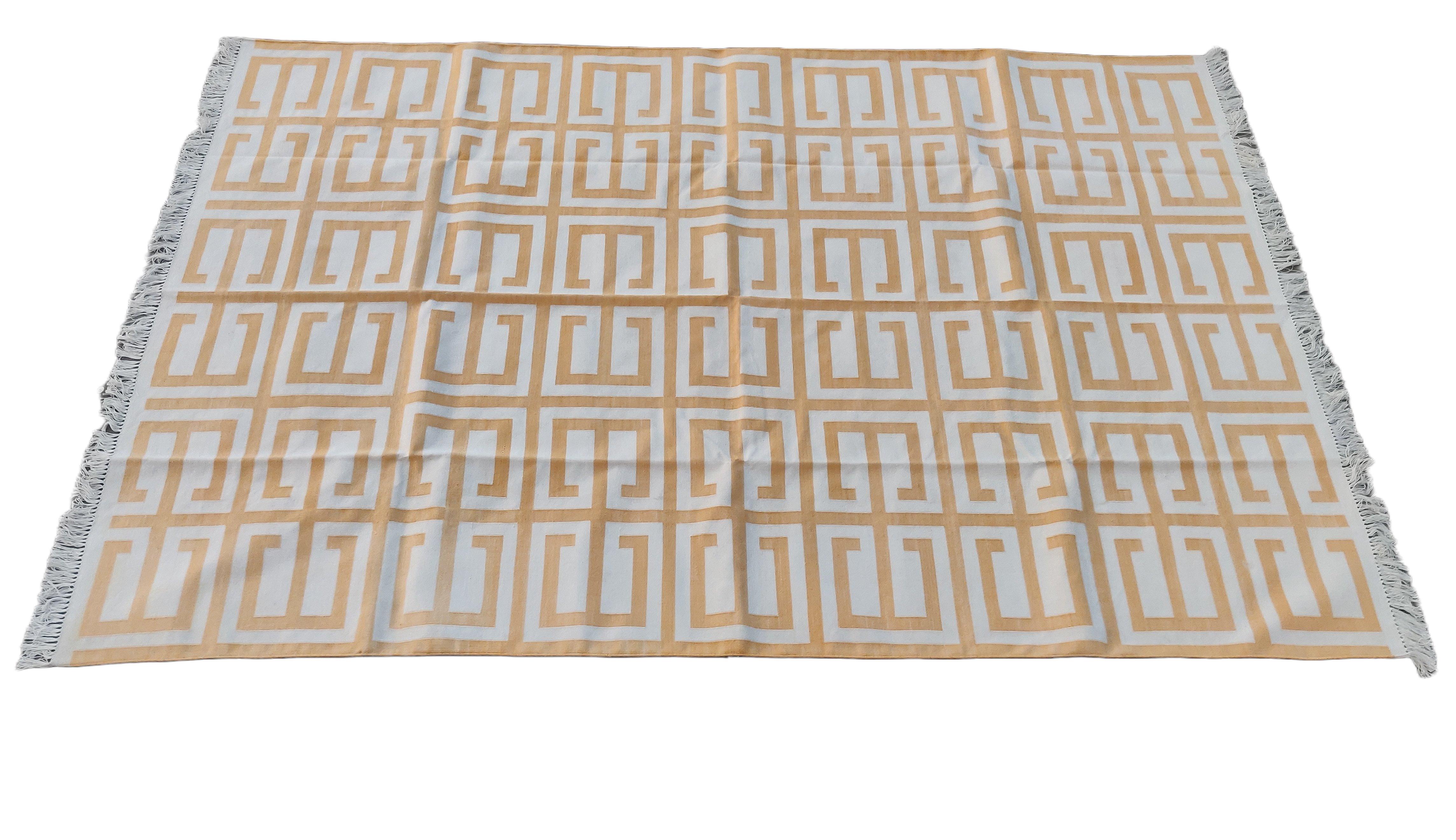 Hand-Woven Handmade Cotton Area Flat Weave Rug, 6x9 Yellow, White Geometric Indian Dhurrie For Sale