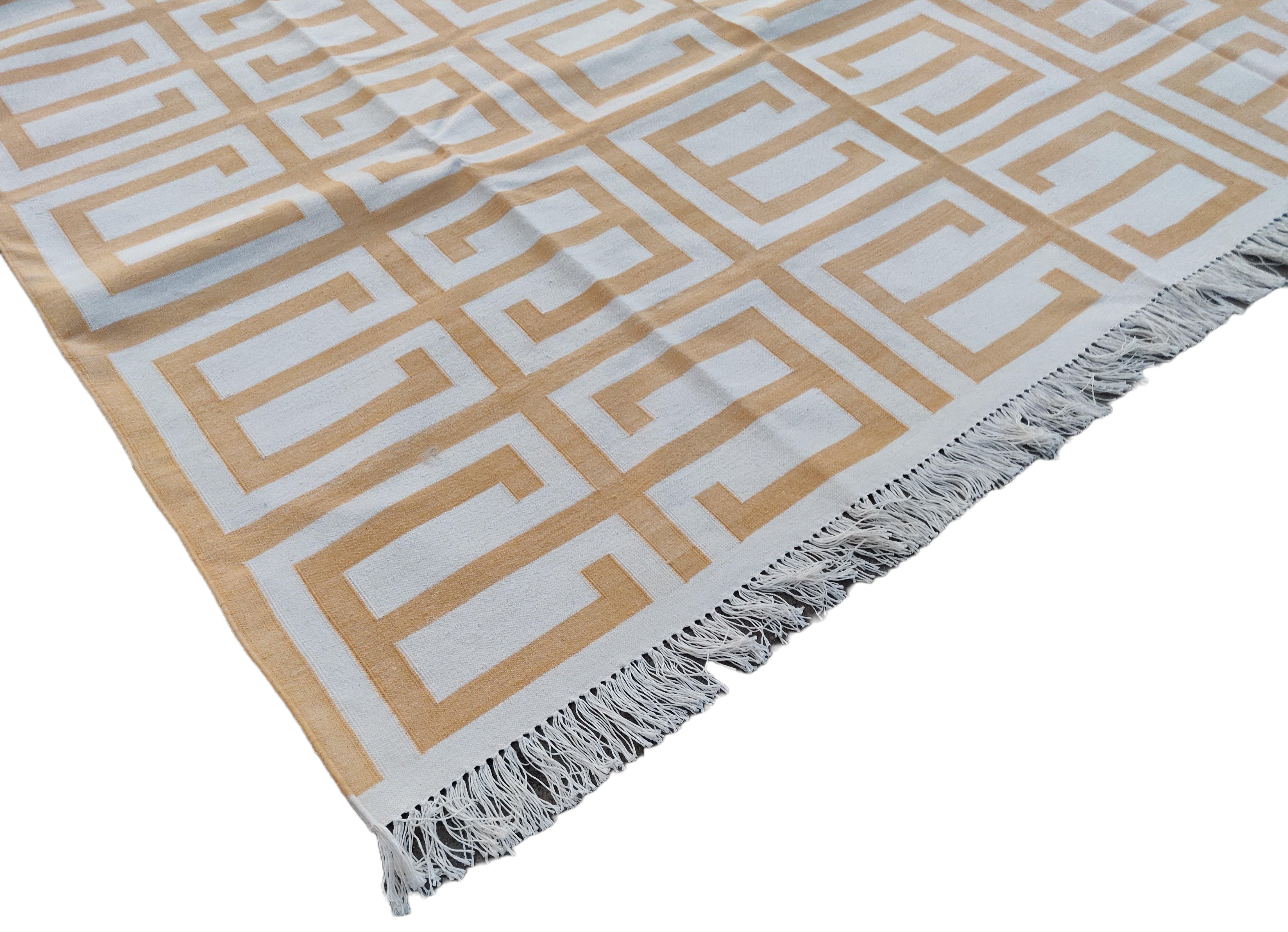 Contemporary Handmade Cotton Area Flat Weave Rug, 6x9 Yellow, White Geometric Indian Dhurrie For Sale