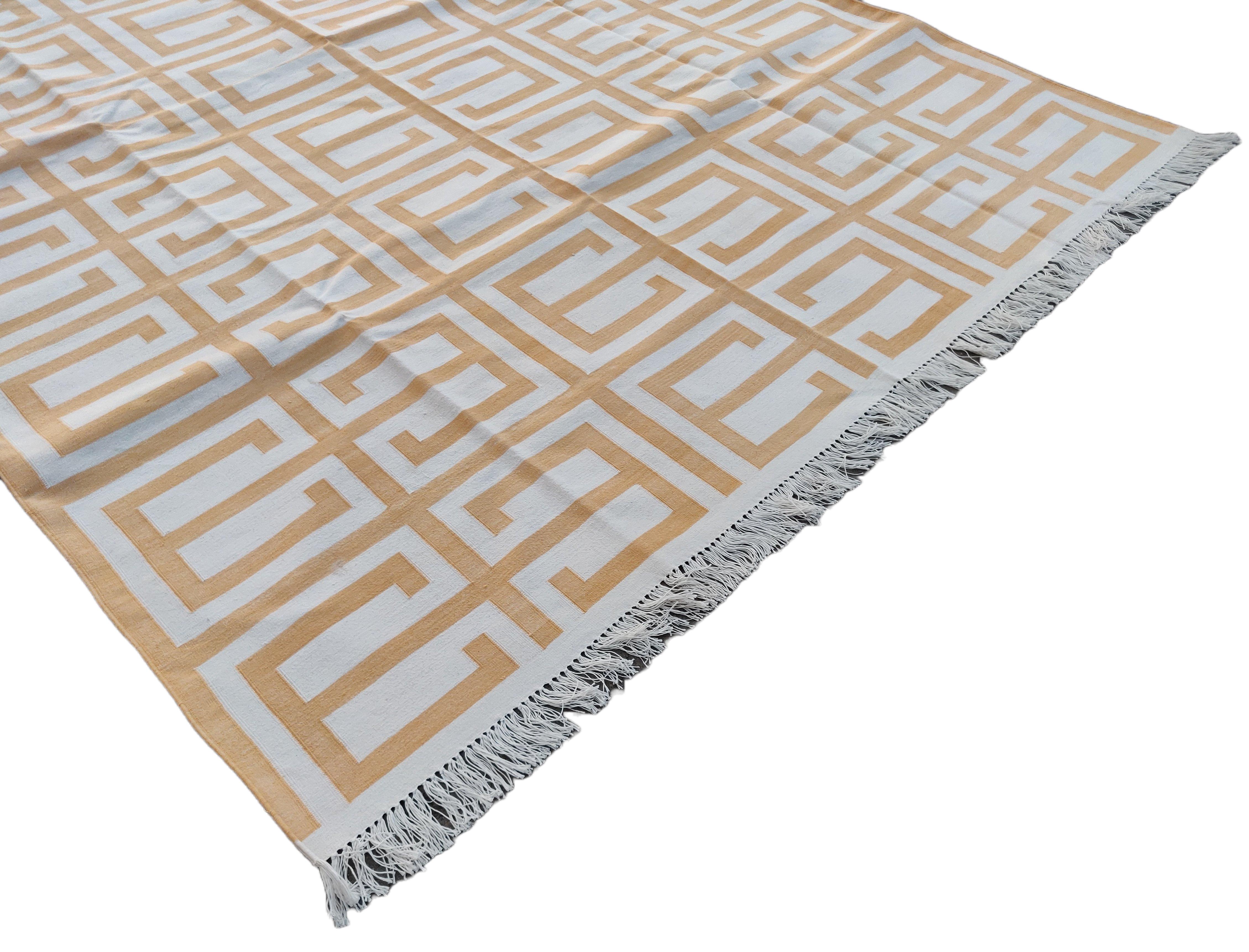 Handmade Cotton Area Flat Weave Rug, 6x9 Yellow, White Geometric Indian Dhurrie For Sale 1