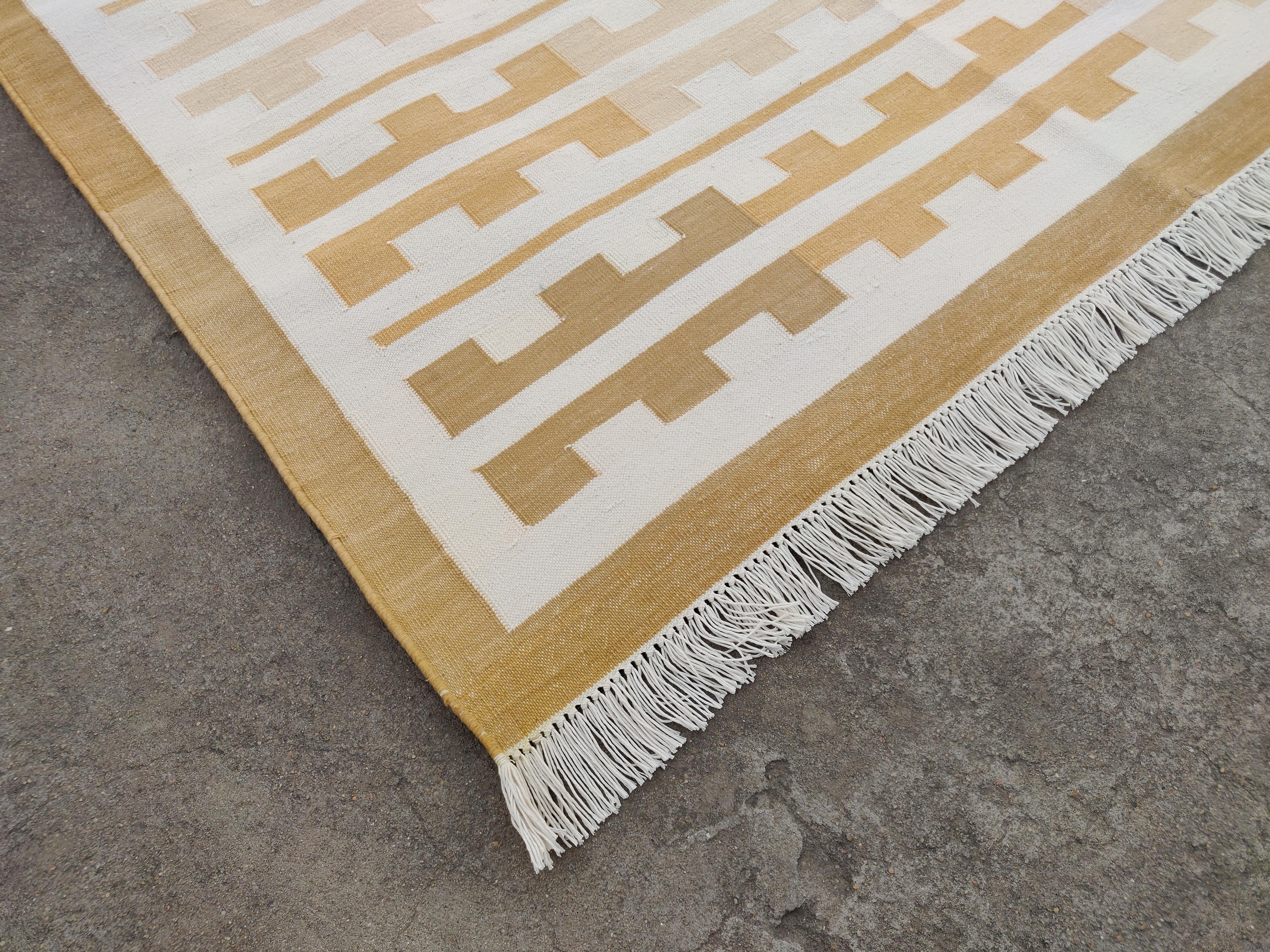 Mid-Century Modern Handmade Cotton Area Flat Weave Rug, 6x9 Yellow, White Marianne Striped Dhurrie For Sale