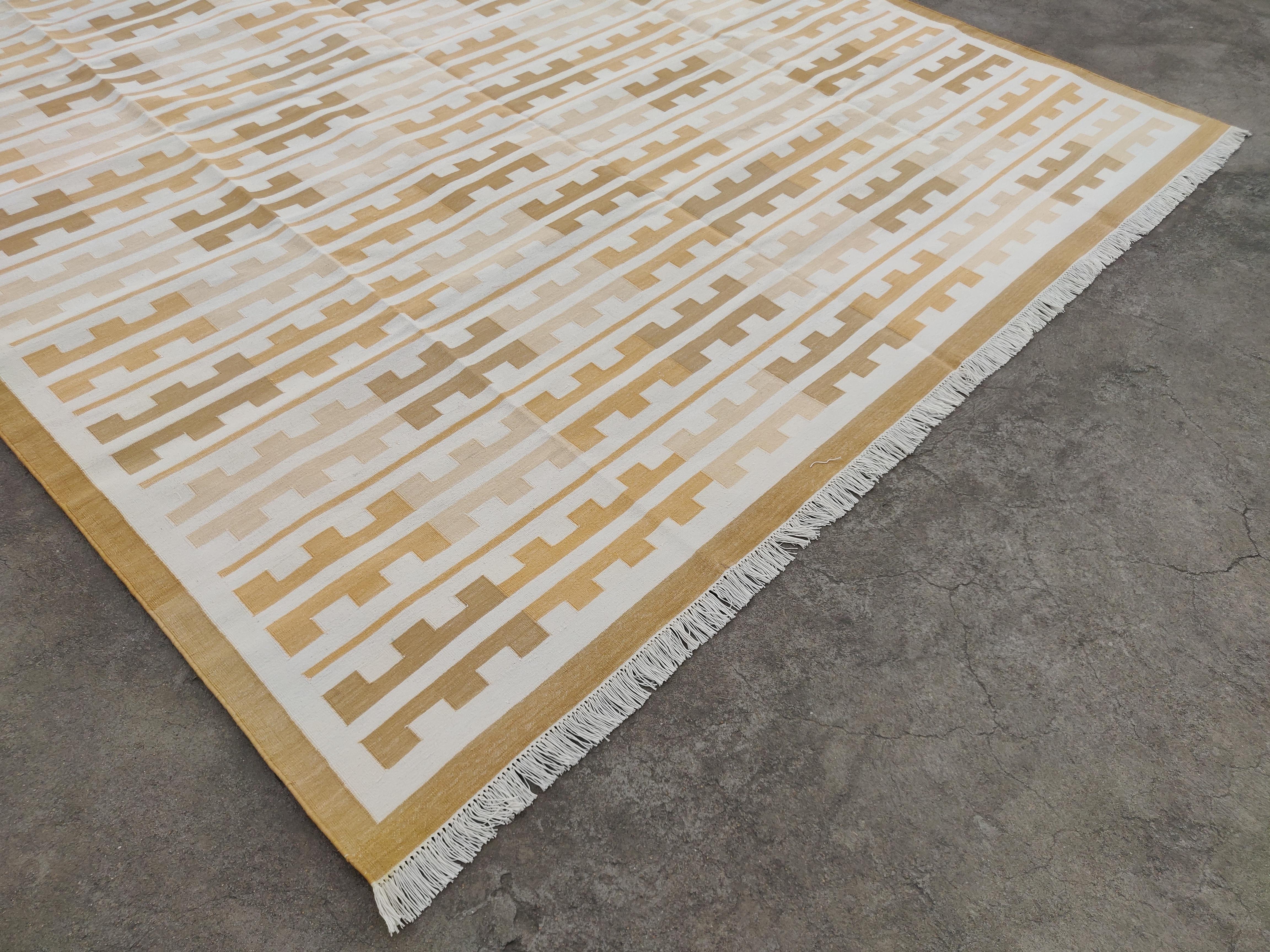 Indian Handmade Cotton Area Flat Weave Rug, 6x9 Yellow, White Marianne Striped Dhurrie For Sale