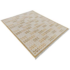 Handmade Cotton Area Flat Weave Rug, 6x9 Yellow, White Marianne Striped Dhurrie