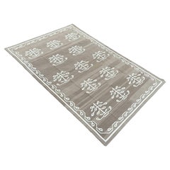 Tappeto a tessitura piatta in cotone fatto a mano, 7x10 Beige e Foglia Bianca Indiano Dhurrie