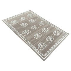 Handmade Cotton Area Flat Weave Rug, 7x10 Beige And White Leaf Indian Dhurrie