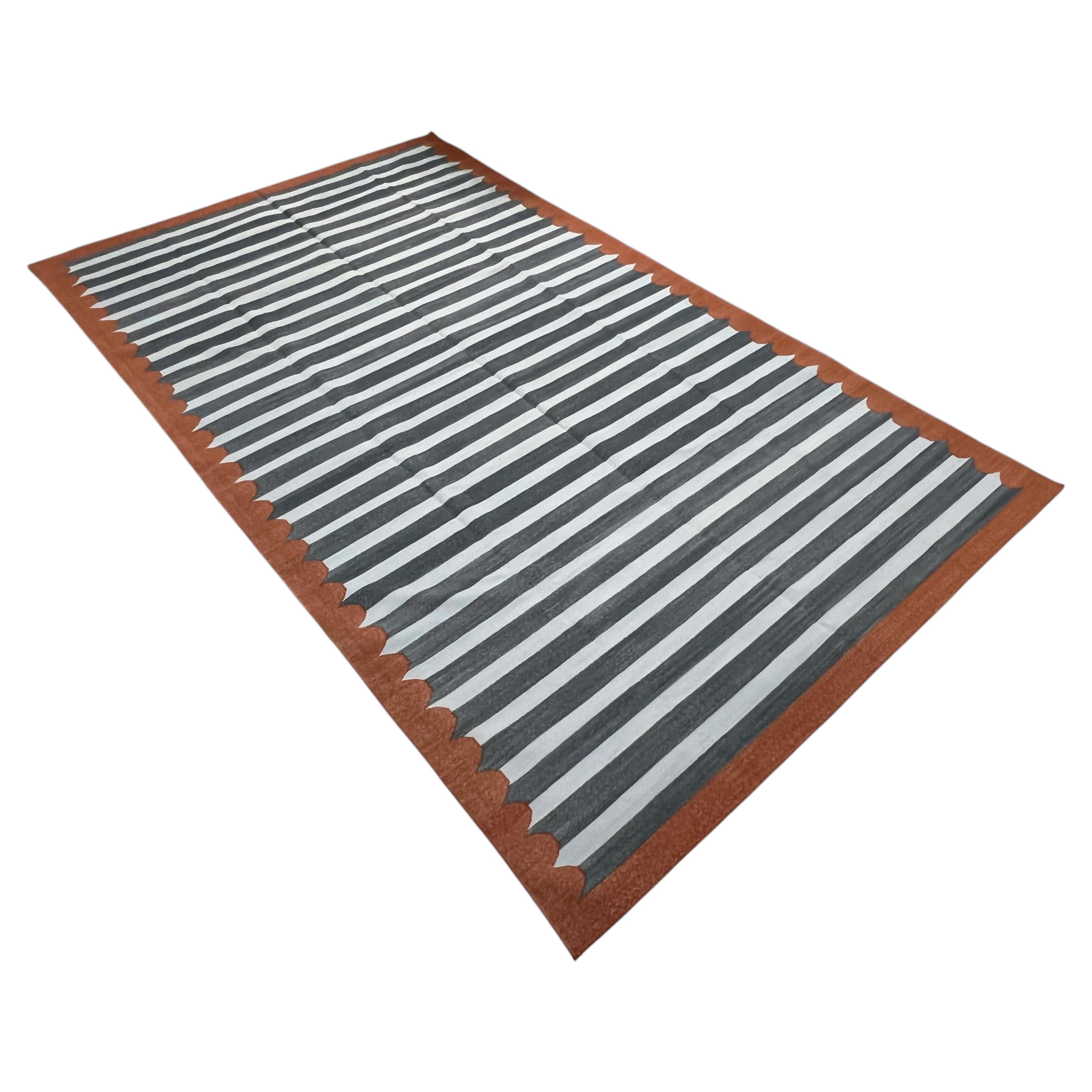 Handmade Cotton Area Flat Weave Rug, 7x12 Gray, Terracotta Stripe Indian Dhurrie For Sale