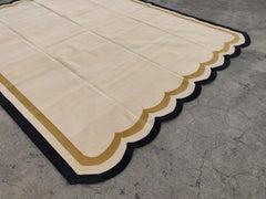 Handmade Cotton Area Flat Weave Rug, 8x10 Beige And Black Scallop Indian Dhurrie