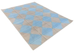 Handmade Cotton Area Flat Weave Rug, 8x10 Beige And Blue Tile Patterned Dhurrie