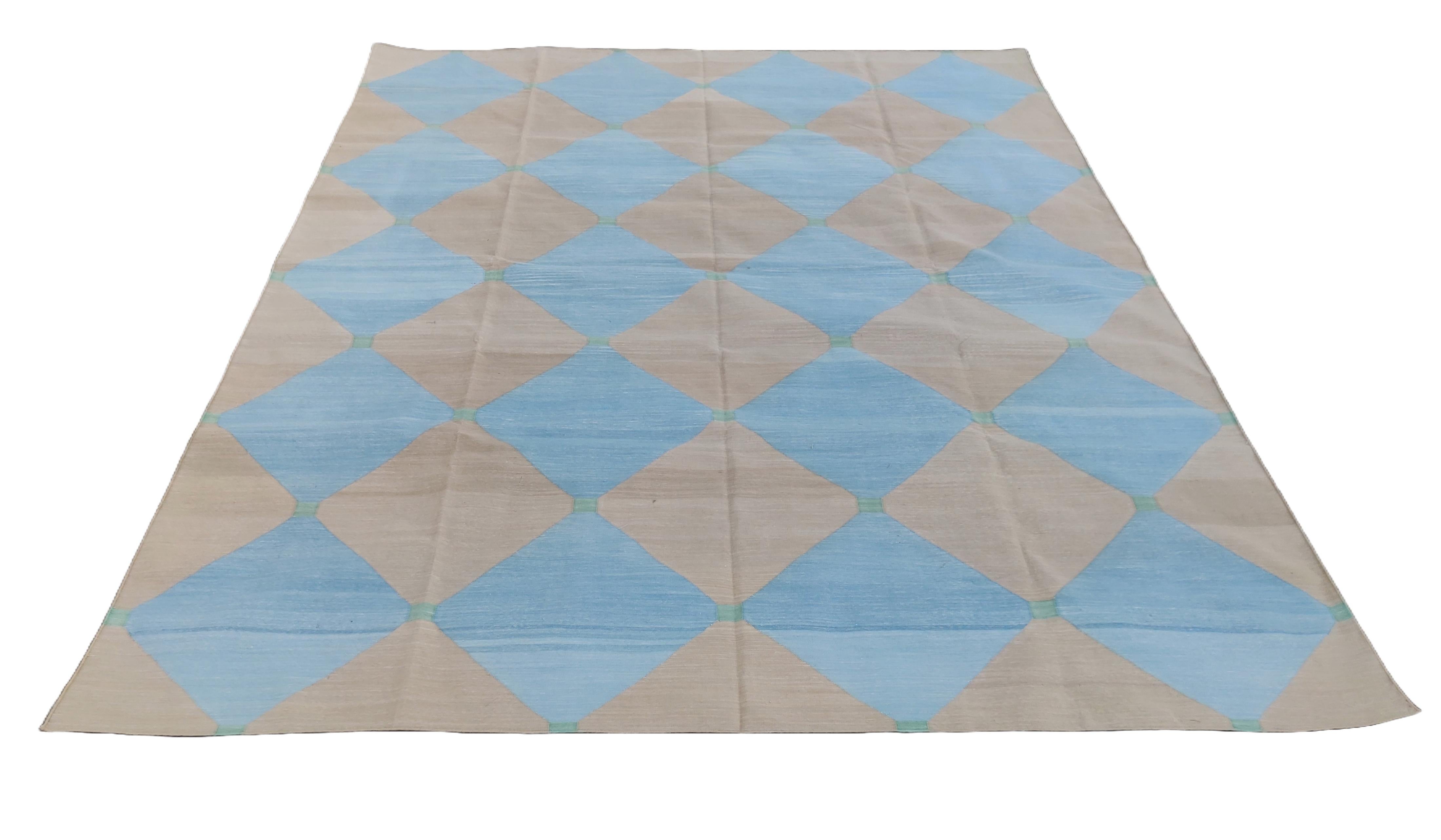 Hand-Woven Handmade Cotton Area Flat Weave Rug, 8x10 Beige And Blue Tile Patterned Dhurrie For Sale