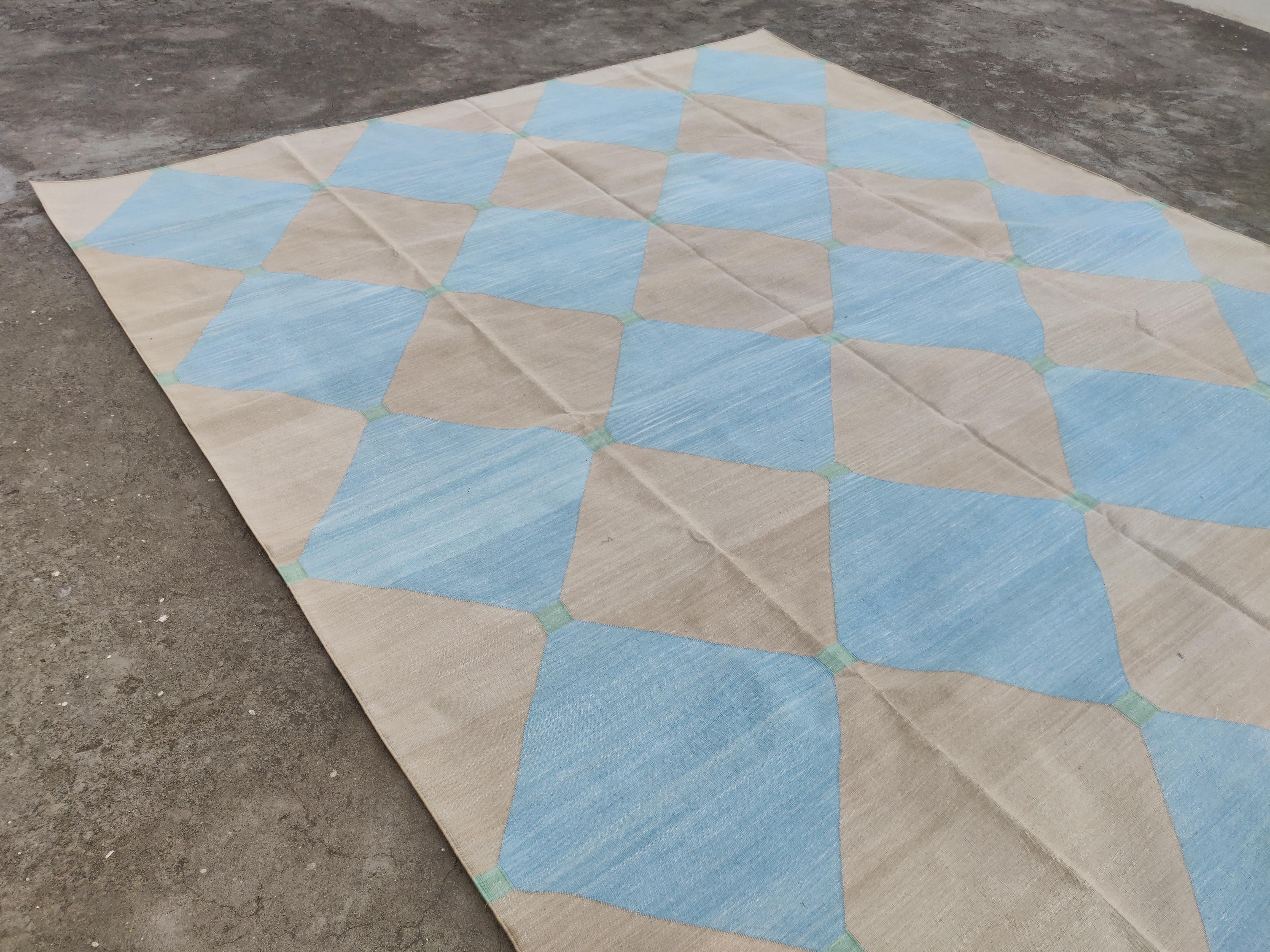 Contemporary Handmade Cotton Area Flat Weave Rug, 8x10 Beige And Blue Tile Patterned Dhurrie For Sale