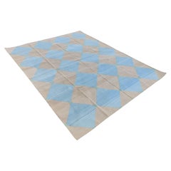 Handmade Cotton Area Flat Weave Rug, 8x10 Beige And Blue Tile Patterned Dhurrie