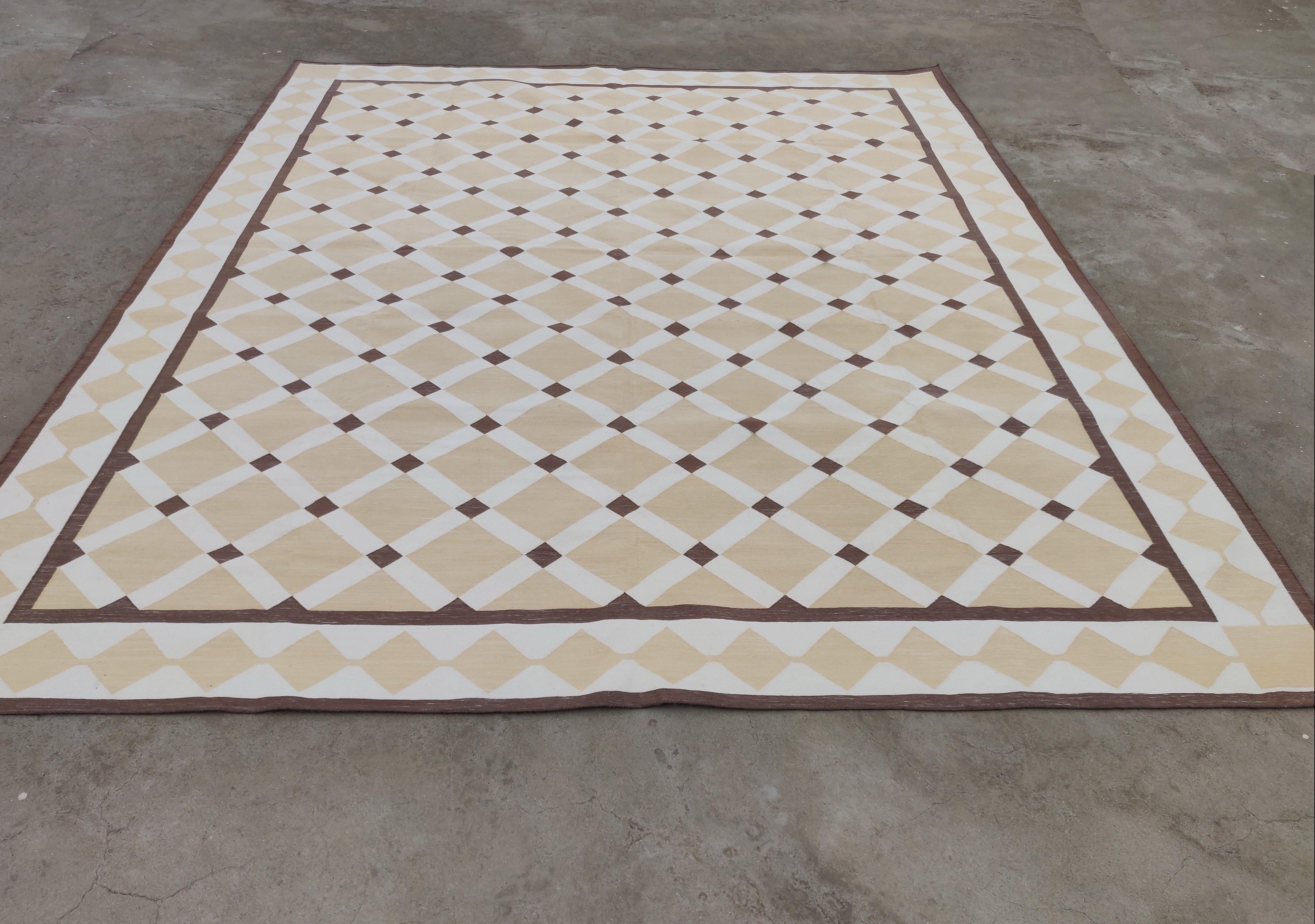 Hand-Woven Handmade Cotton Area Flat Weave Rug, 8x10 Beige And Brown Geometric Indian Rug For Sale