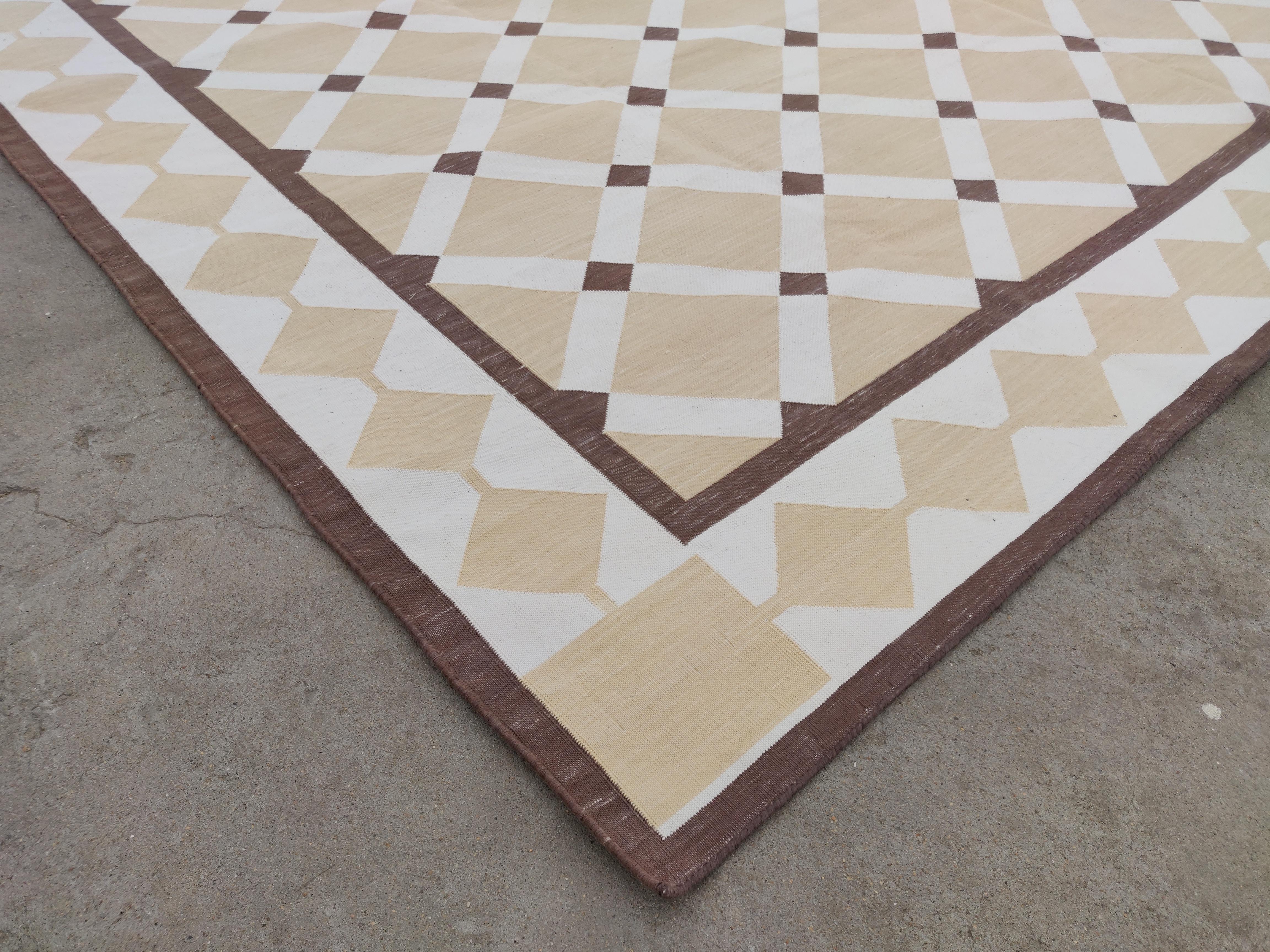 Handmade Cotton Area Flat Weave Rug, 8x10 Beige And Brown Geometric Indian Rug For Sale 3