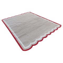 Handgefertigter Flachgewebe-Teppich aus Baumwolle, 8x10 Beige und Rot mit Wellenschliff, Kelim Dhurrie