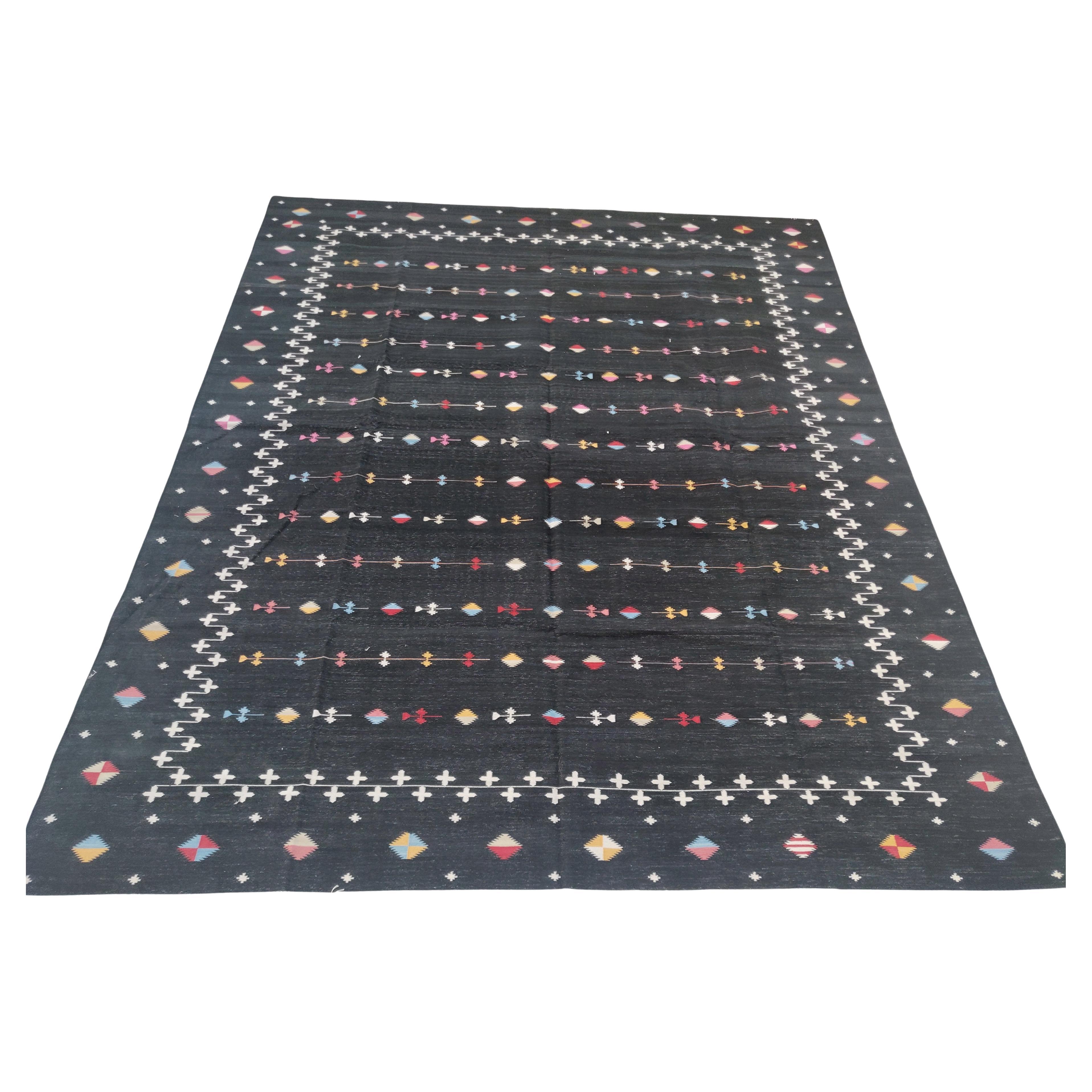 Tappeto a tessitura piatta in cotone fatto a mano, 8x10 Tappeto indiano nero Shooting Star Dhurrie in vendita