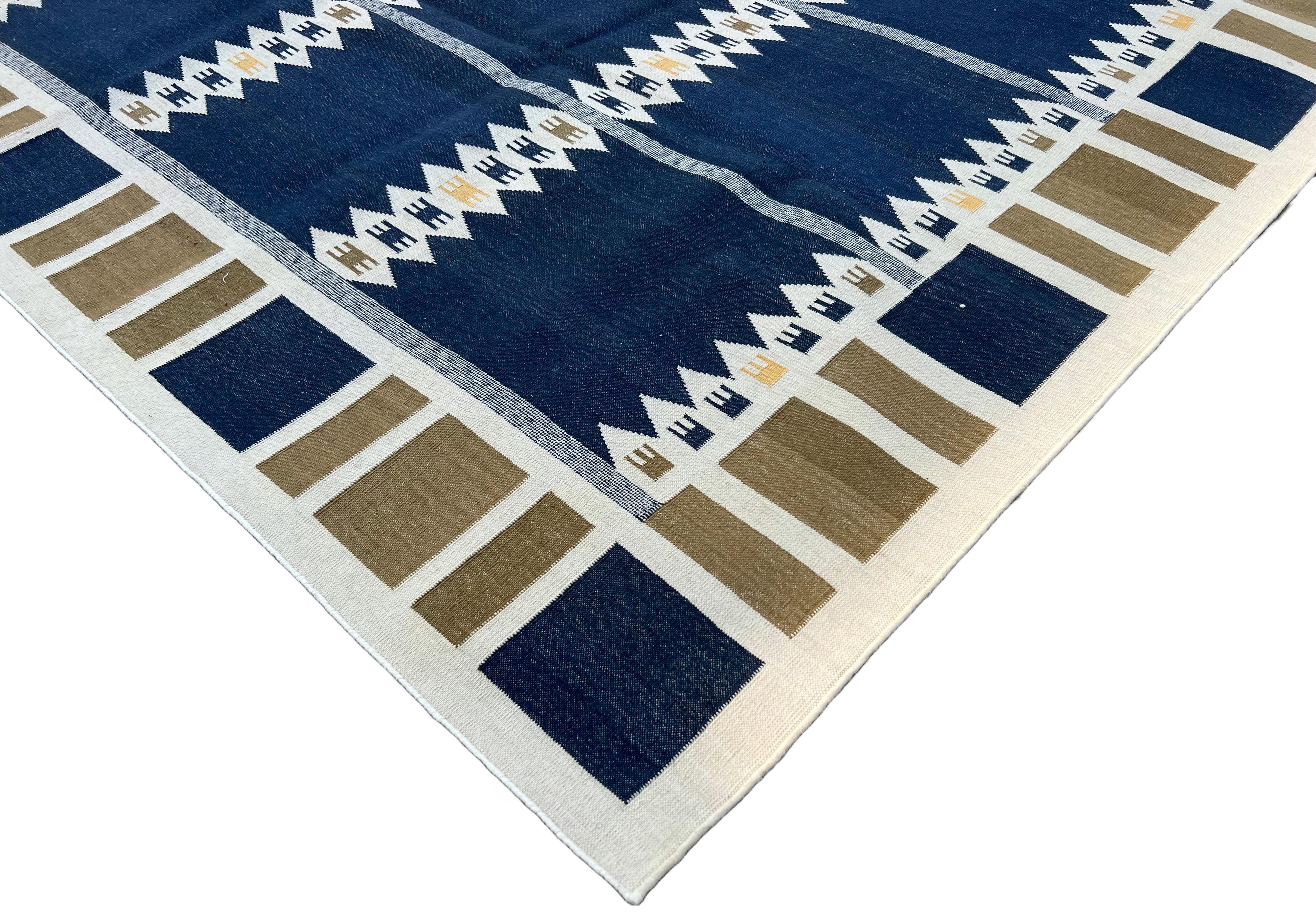Mid-Century Modern Handmade Cotton Area Flat Weave Rug, 8x10 Blue And Brown Geometric Indian Rug For Sale