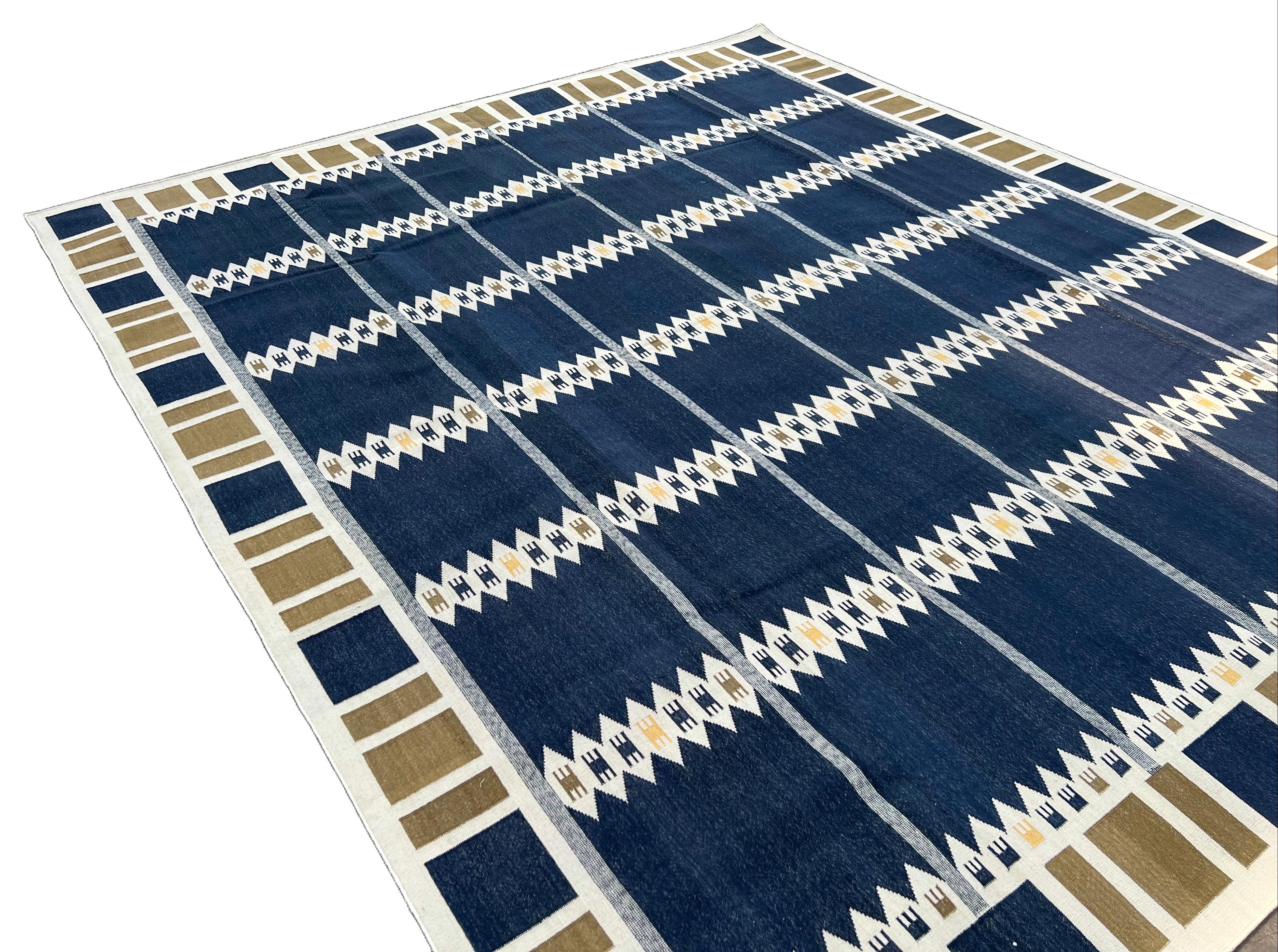Handmade Cotton Area Flat Weave Rug, 8x10 Blue And Brown Geometric Indian Rug For Sale 2