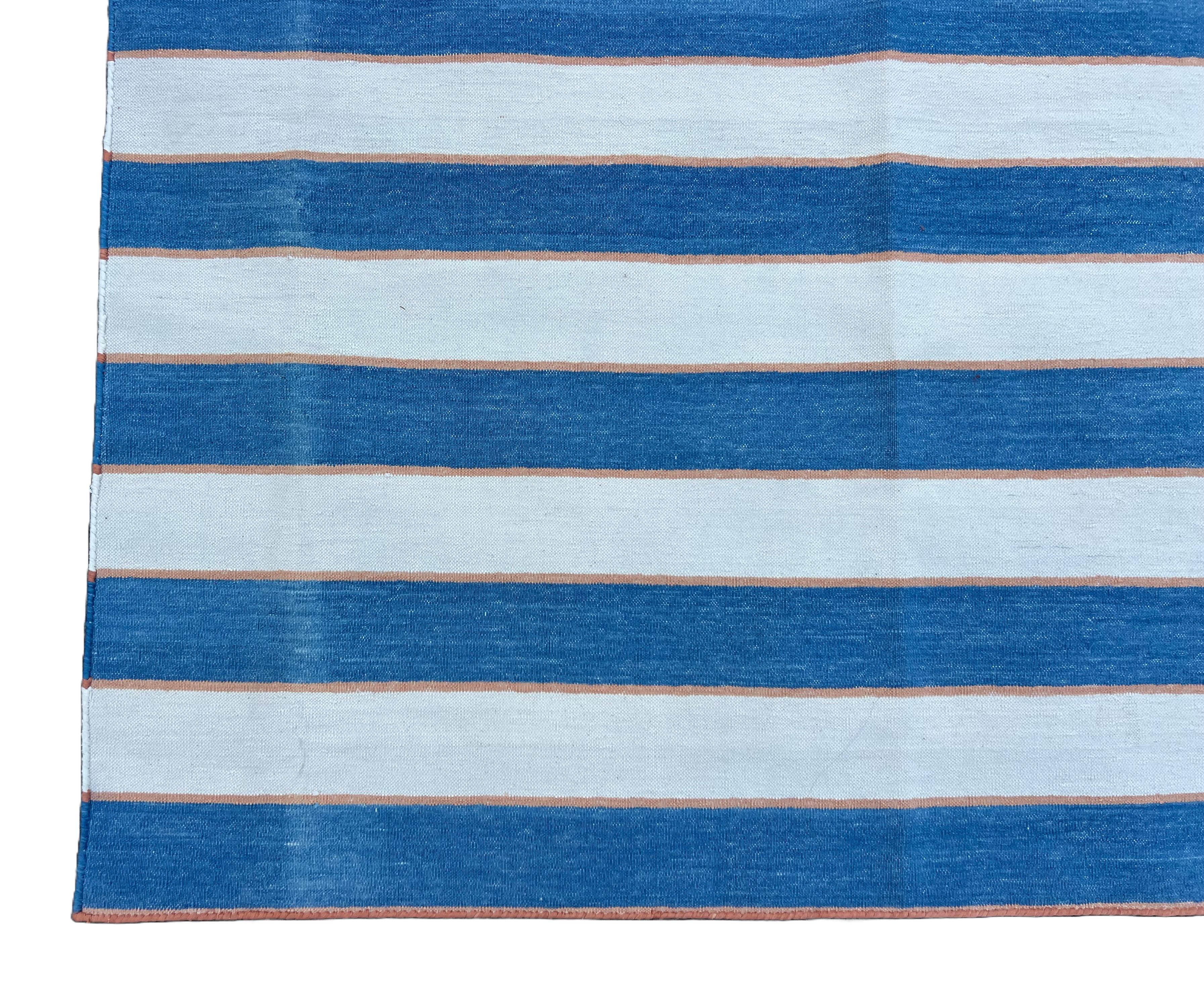 Handmade Cotton Area Flat Weave Rug, 8x10 Blue And Cream Striped Indian Dhurrie For Sale 3