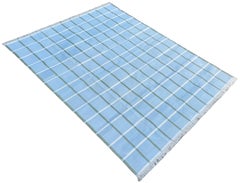 Handmade Cotton Area Flat Weave Rug, 8x10 Blue And Green Checked Indian Dhurrie
