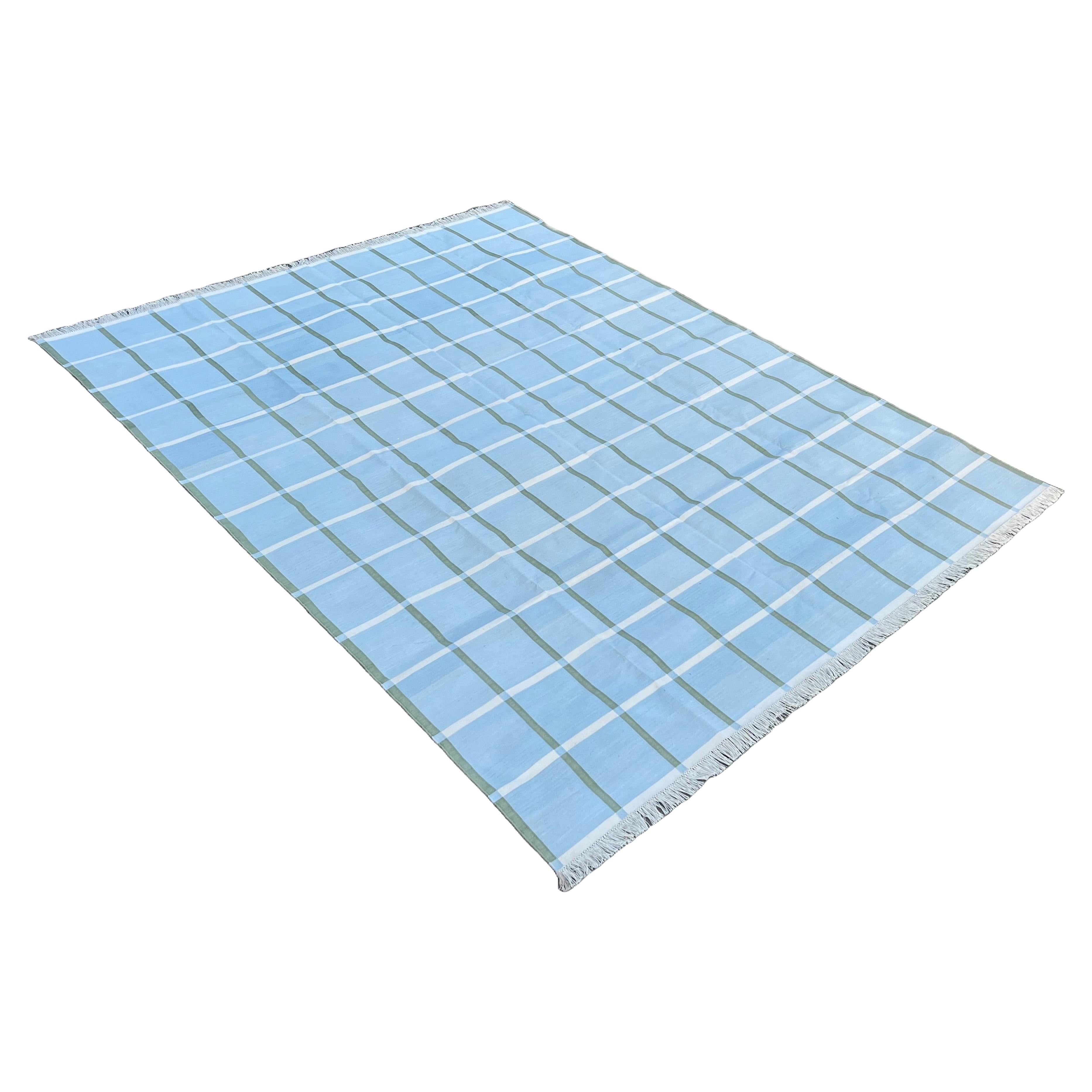 Alfombra de algodón hecha a mano de tejido plano, 8x10 Dhurrie india a cuadros azules y verdes