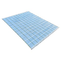 Alfombra de algodón hecha a mano de tejido plano, 8x10 Dhurrie india a cuadros azules y verdes