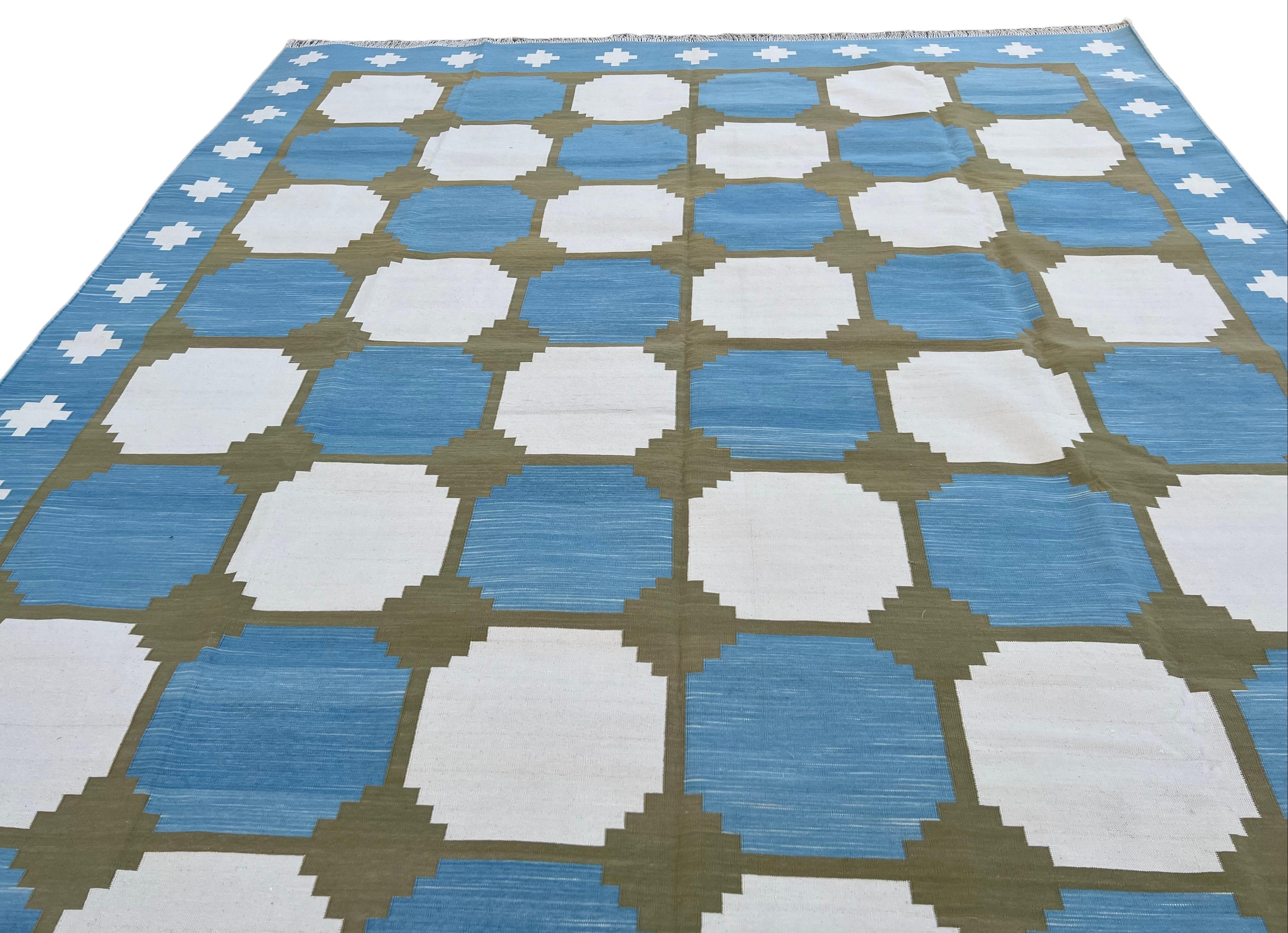 Handmade Cotton Area Flat Weave Rug, 8x10 Blue And Green Geometric Indian Rug For Sale 5